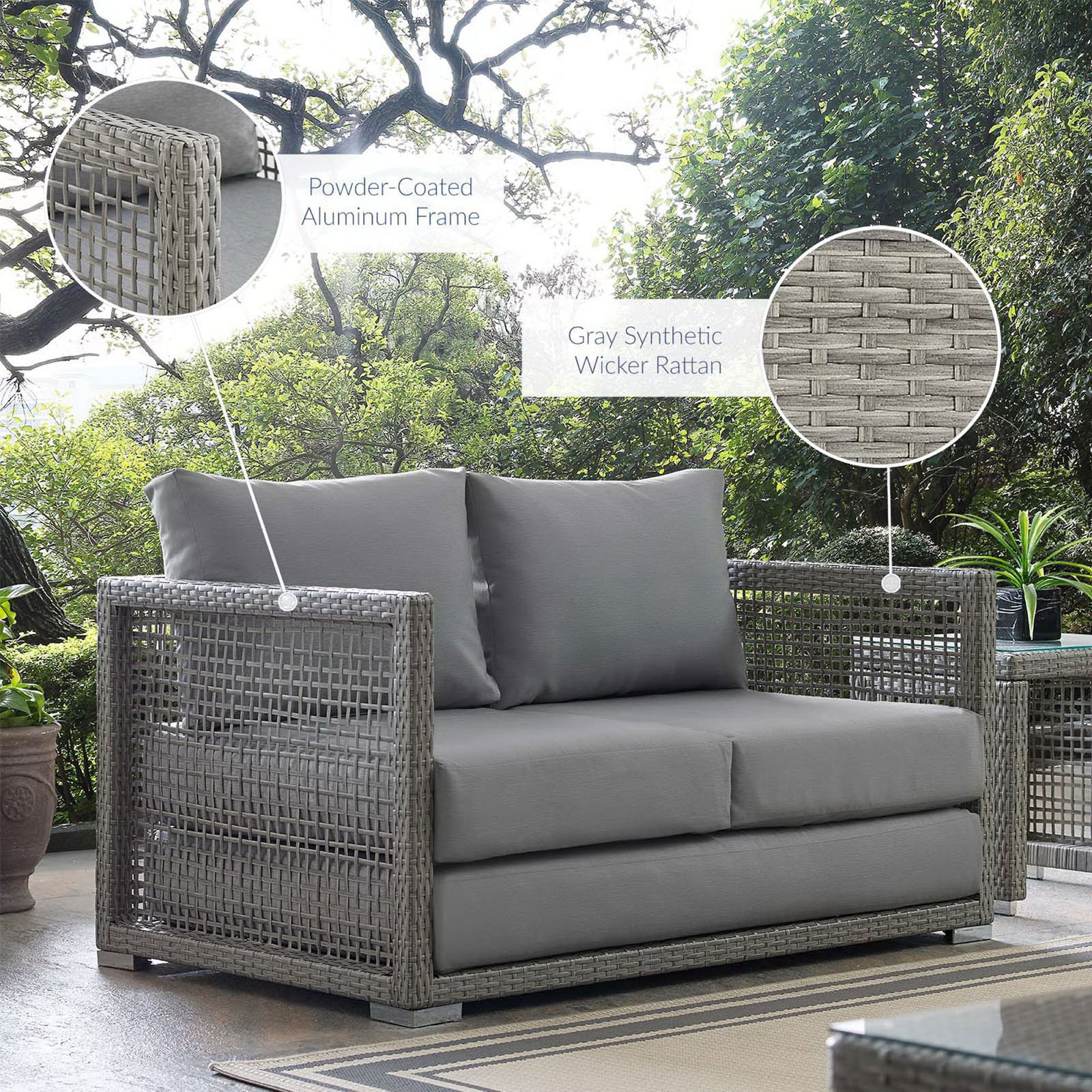 Aura gray wicker loveseat on patio with features of frame and rattan weave || EEI-2924-GRY-GRY || callout_room