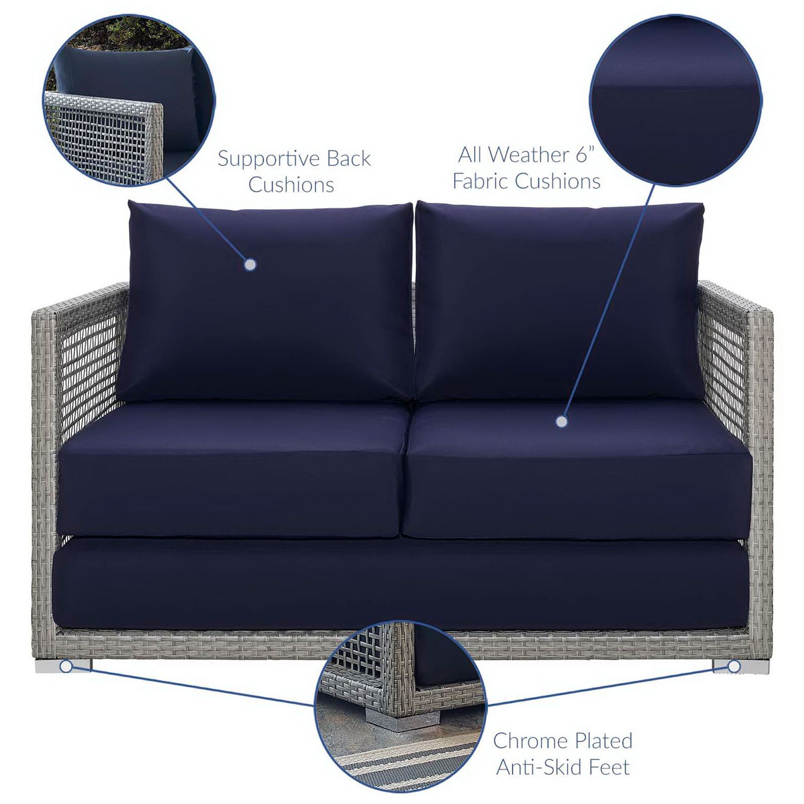 Outdoor loveseat highlighting supportive navy cushions and chrome feet || EEI-2924-GRY-NAV || callout_studio