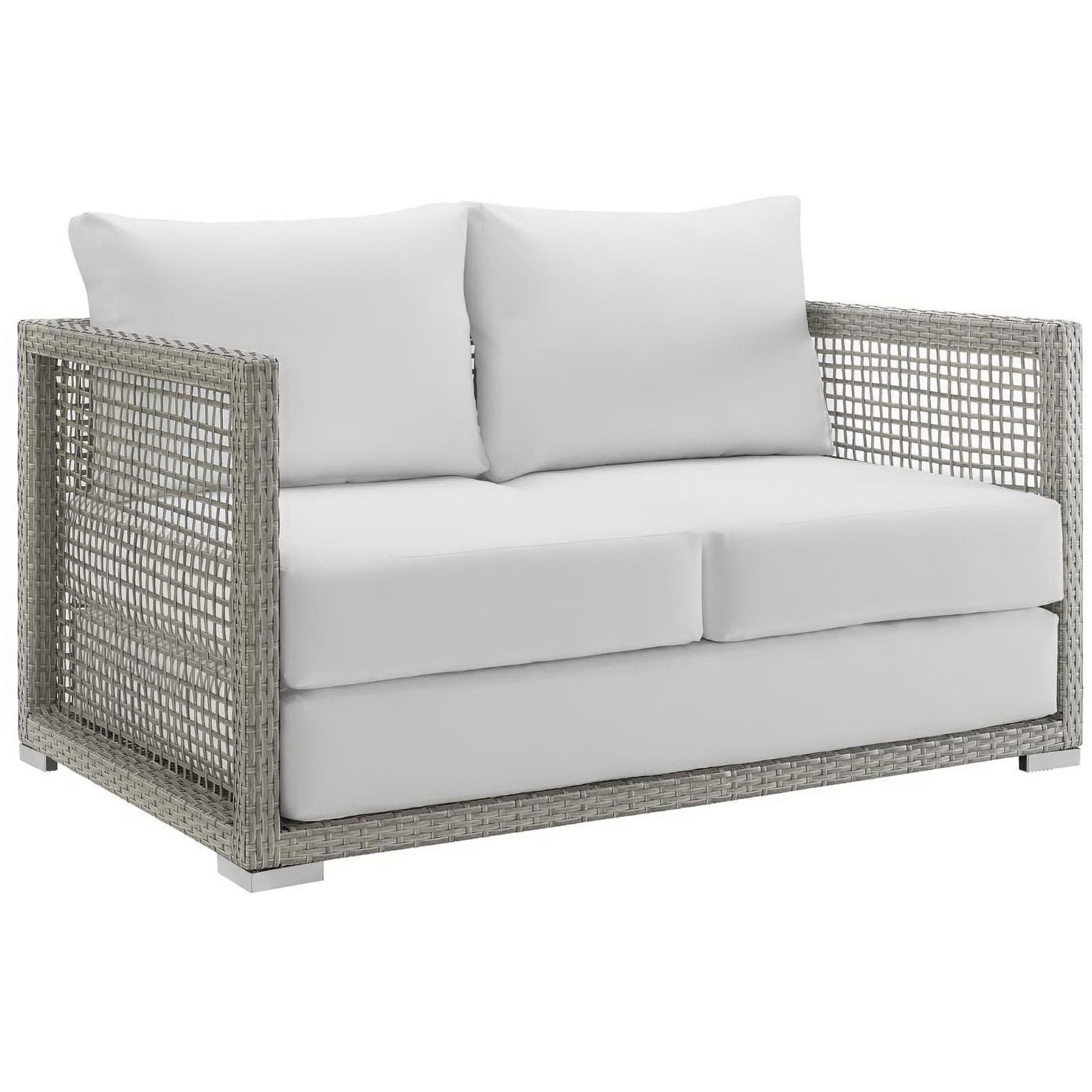 Gray wicker patio loveseat with crisp white cushions and modern boxy silhouette || EEI-2924-GRY-WHI || front_angle_studio