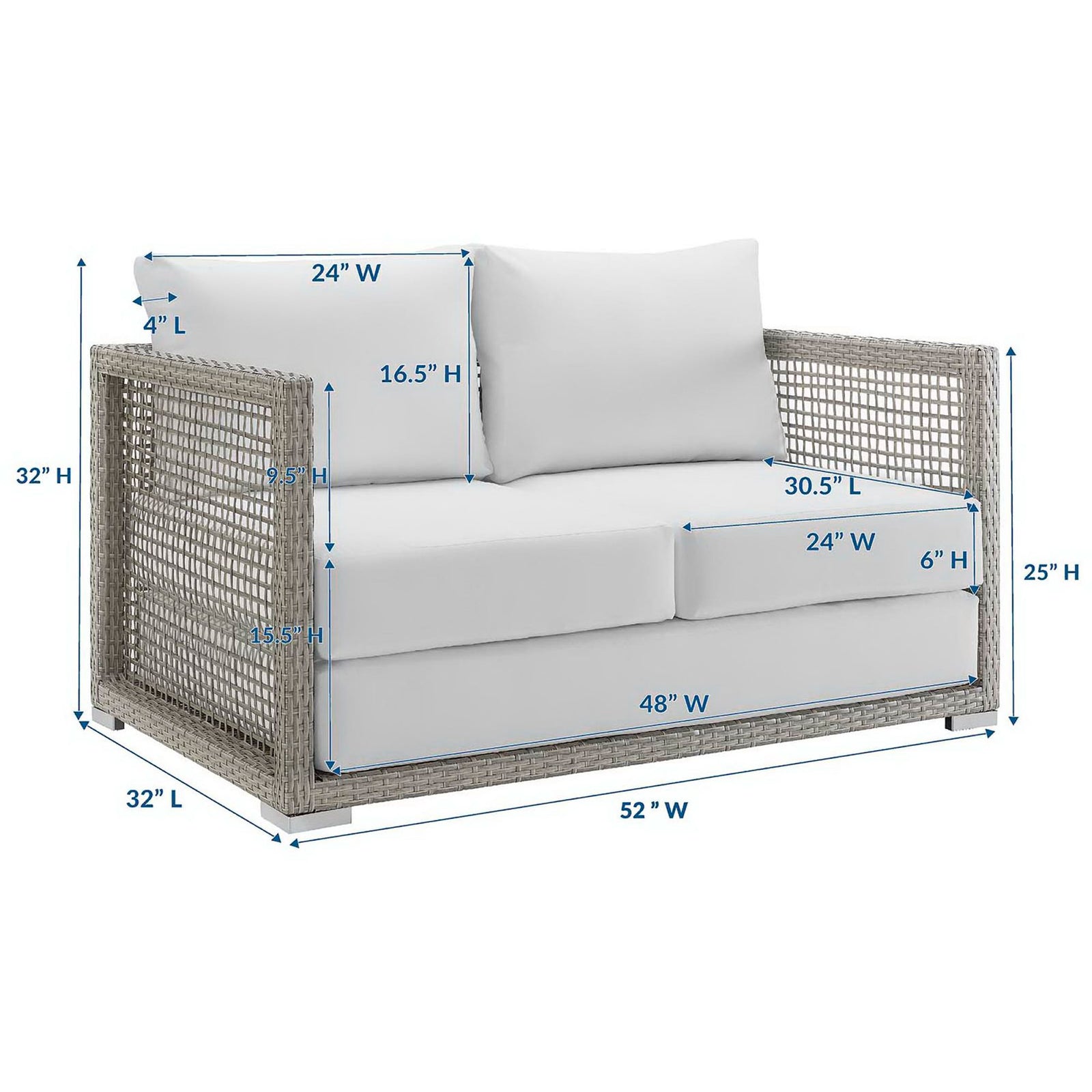 Gray and white patio loveseat with cushions and labeled dimensions || EEI-2924-GRY-WHI || dimension_studio