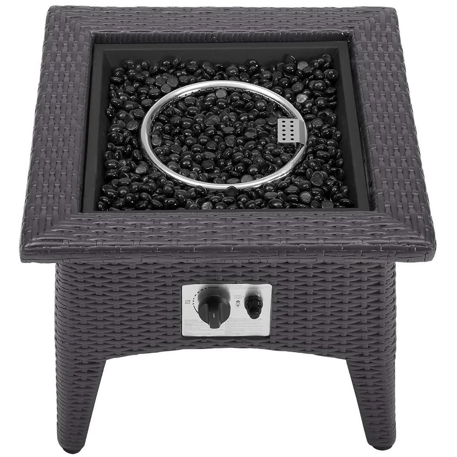 Top of espresso wicker fire pit table filled with reflective black glass beads || EEI-2990-EXP || top_angle_studio