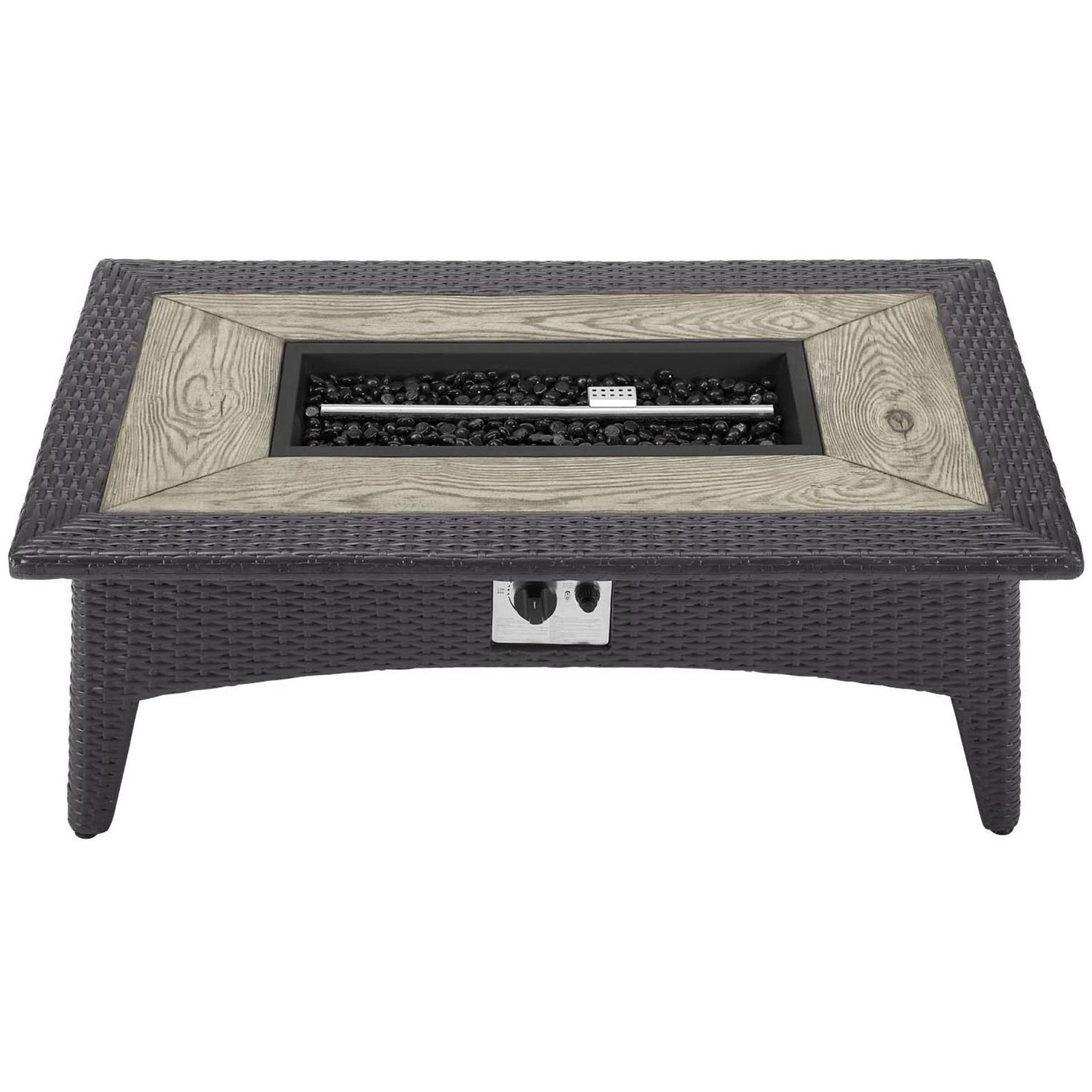 Rectangular fire pit tabletop with contrasting wood-grain border and tempered glass bead burner tray || EEI-2991-EXP || top_angle_studio