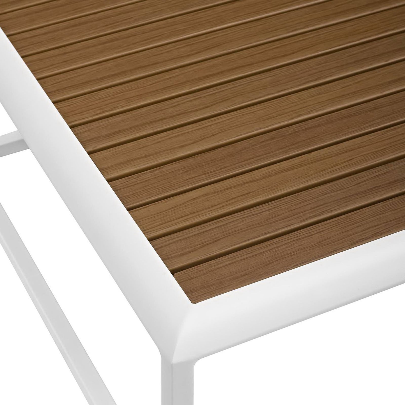 Close-up of the slatted natural-look tabletop and smooth white aluminum corner frame. || EEI-3021-WHI-NAT || swatch_studio