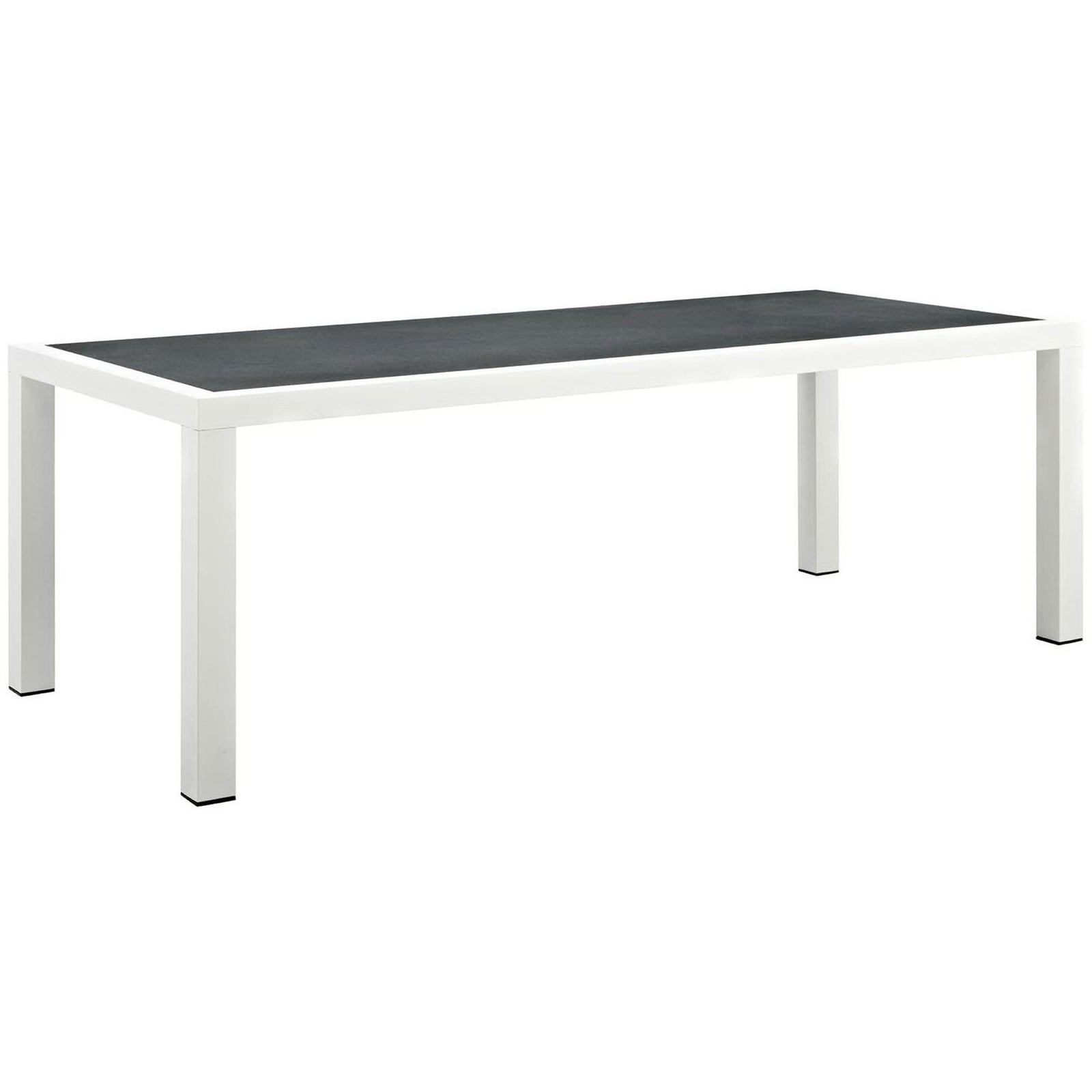 Modern outdoor dining table with white aluminum frame and charcoal spray stone top || EEI-3052-WHI-GRY || front_angle_studio