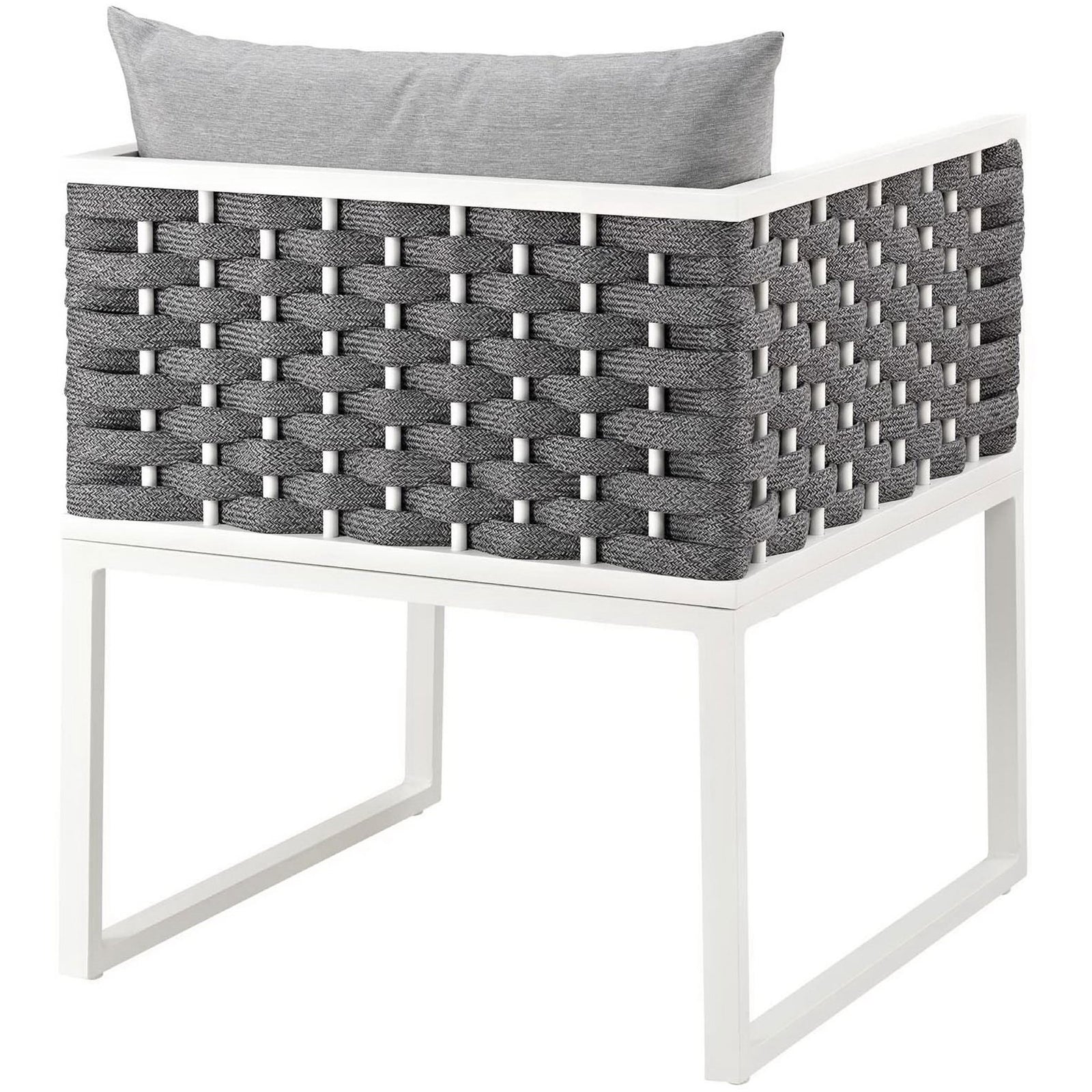 Outdoor dining armchair featuring fully wrapped gray rope backrest and crisp geometric white base || EEI-3053-WHI-GRY || back_angle_studio