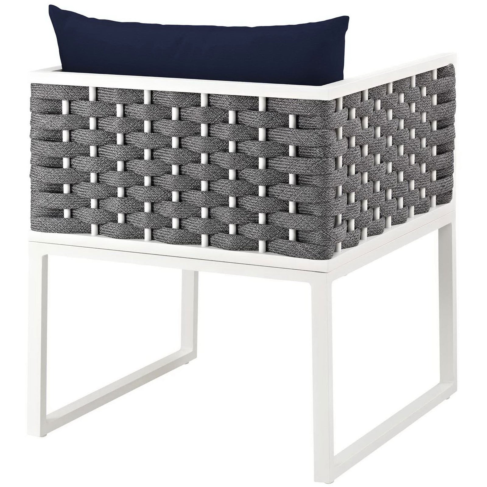 Outdoor dining armchair featuring fully wrapped gray rope backrest, crisp white base, and navy cushion || EEI-3053-WHI-NAV || back_angle_studio