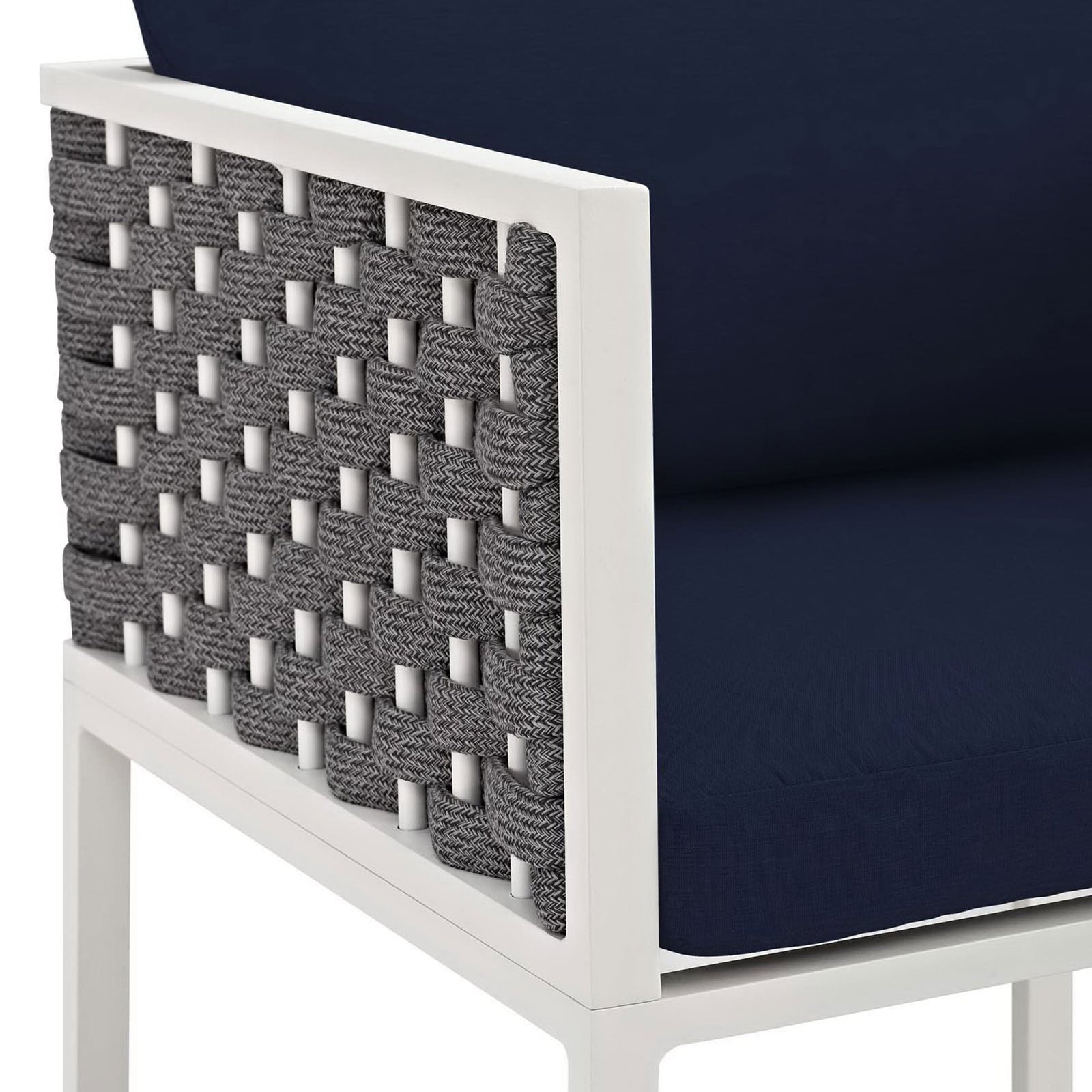 Woven gray rope arm panel paired with rich navy cushion and smooth white aluminum frame || EEI-3053-WHI-NAV || detail_studio
