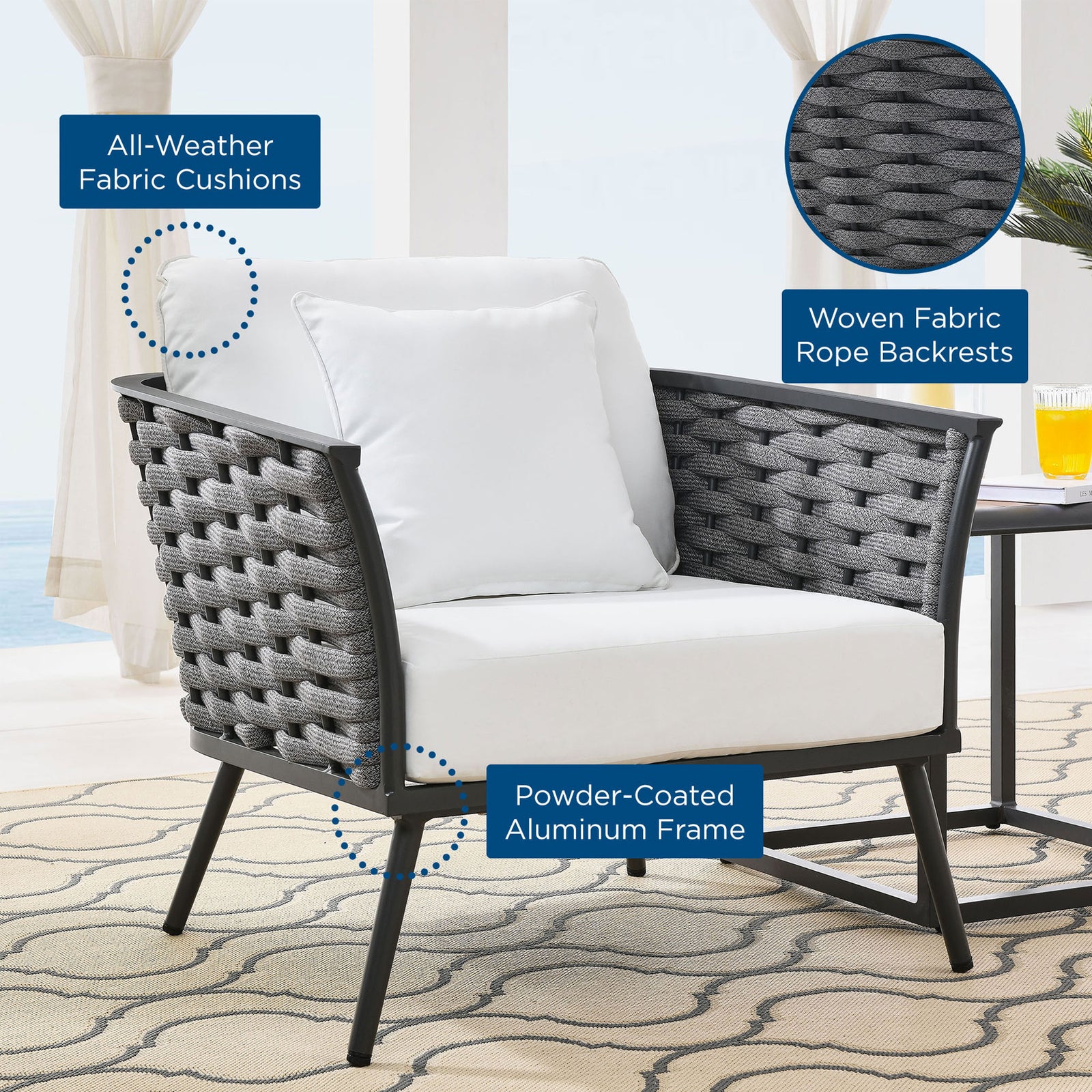 Stance white cushion outdoor armchair on a patio with feature callouts for cushions and frame || EEI-3054-GRY-WHI || callout_room
