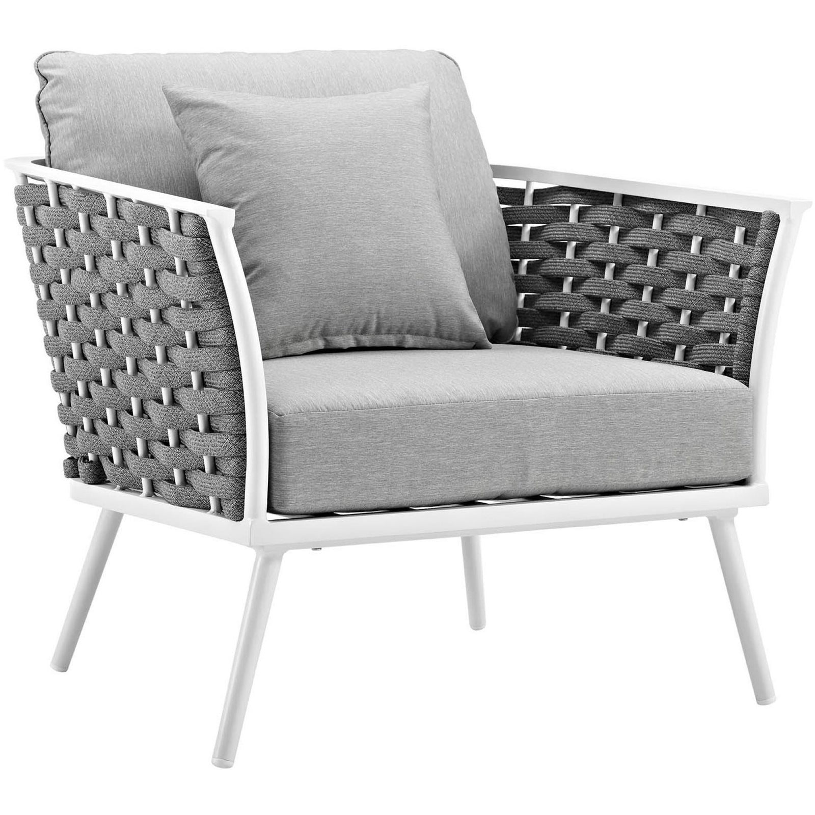 Stance outdoor armchair with light gray cushions and charcoal rope sides on a white frame || EEI-3054-WHI-GRY || front_angle_studio