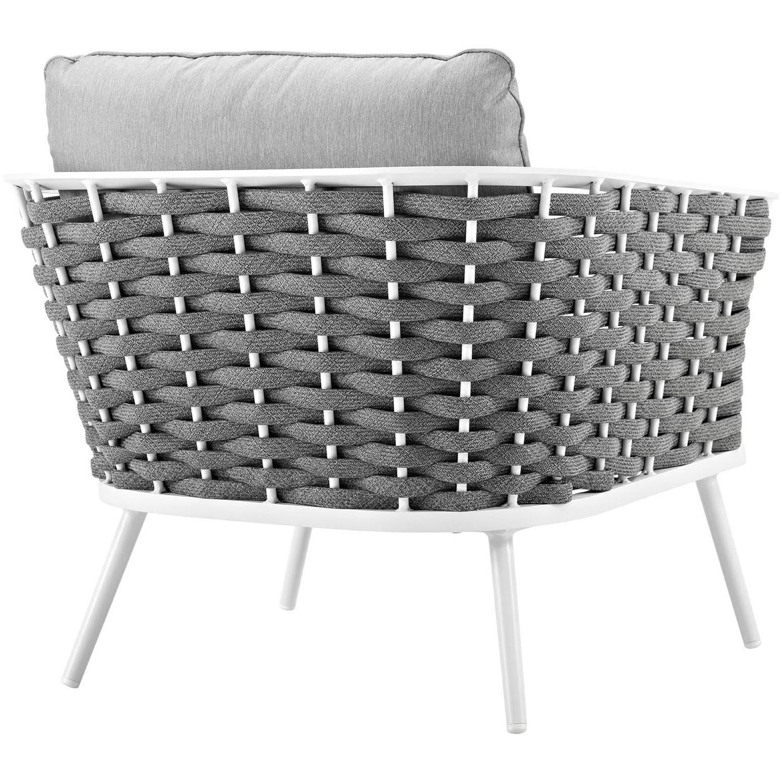 Wide curved rope backrest in dark gray wrapping the Stance white frame outdoor armchair || EEI-3054-WHI-GRY || back_studio