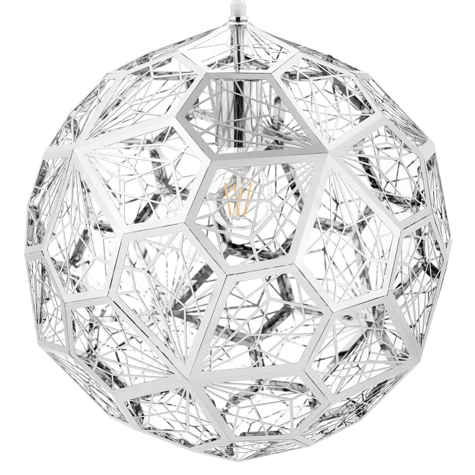 Faceted stainless steel lattice sphere showcasing exposed bulb detail || EEI-3082 || detail_studio