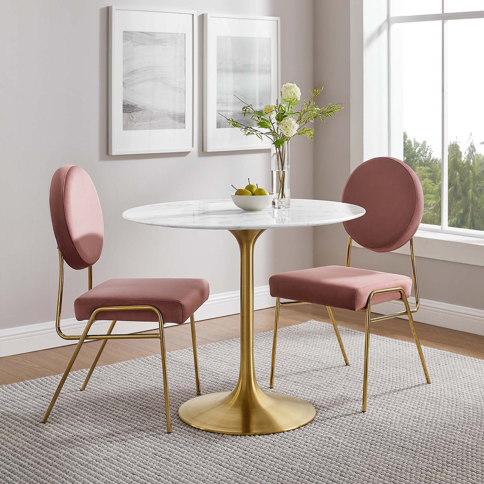 Lore Round Dining Table Gold/White Marble