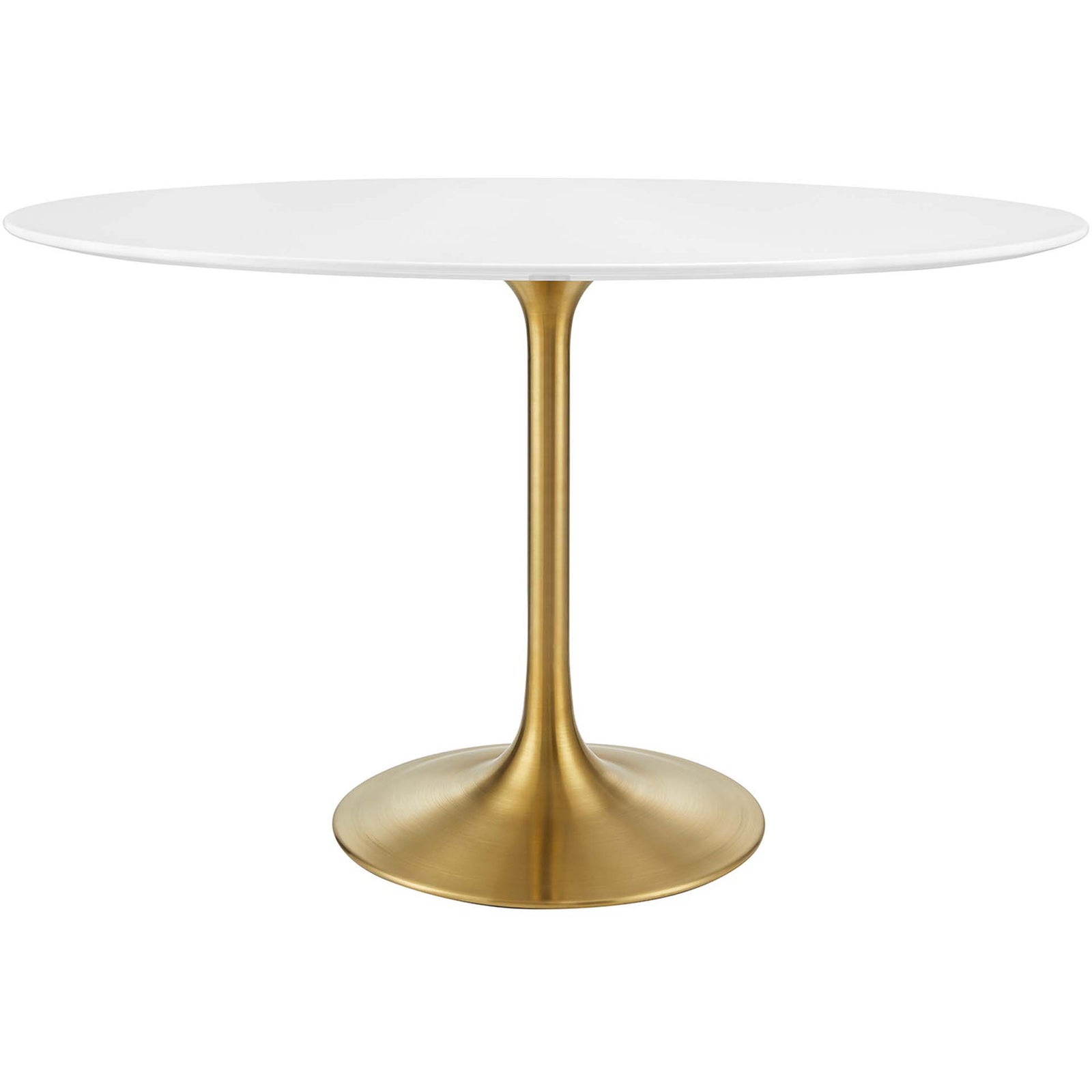 Sleek 48-inch white oval dining table with a tapered brushed gold pedestal base. || EEI-3215-GLD-WHI || front_studio