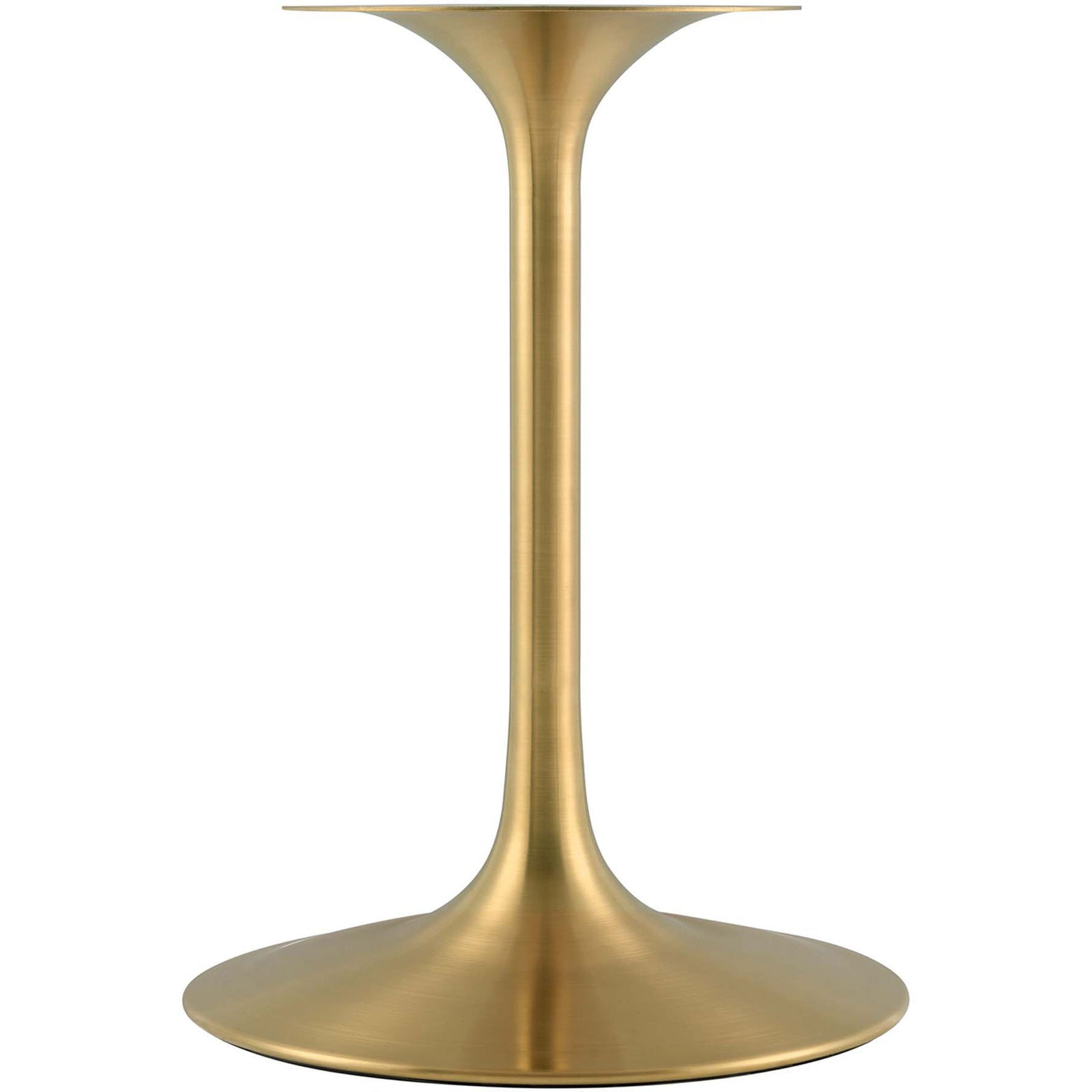 Curved brushed gold pedestal base adds mid-century charm and sturdy support to the dining table. || EEI-3215-GLD-WHI || leg_studio