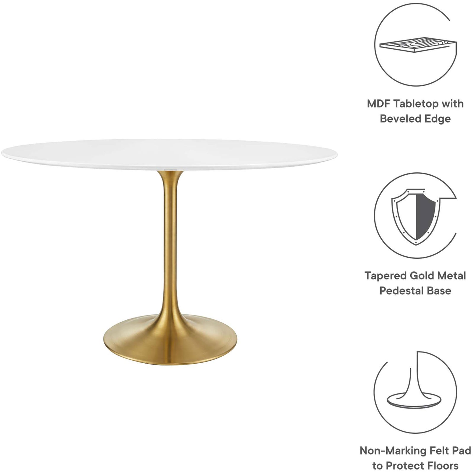 Feature graphic highlighting the beveled MDF tabletop, gold metal pedestal base, and felt floor pad. || EEI-3215-GLD-WHI || callout_studio