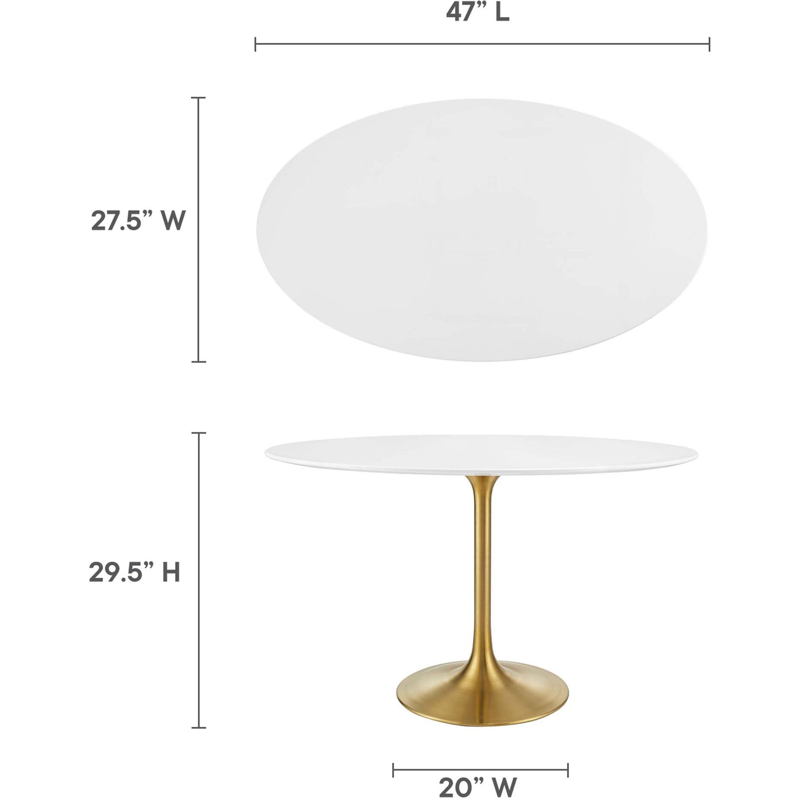 Size guide illustrating oval tabletop measurements and pedestal base width for the dining table. || EEI-3215-GLD-WHI || dimension_studio