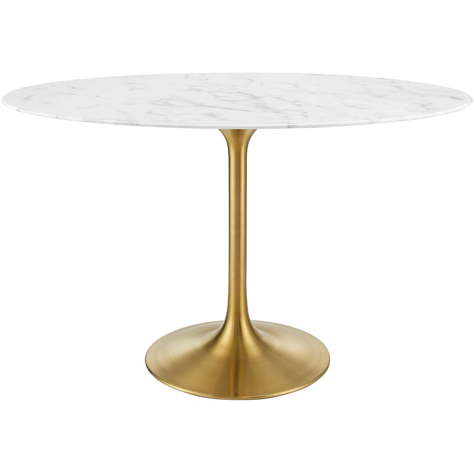 48 inch oval white faux marble dining table with tapered gold pedestal base || EEI-3216-GLD-WHI || front_studio