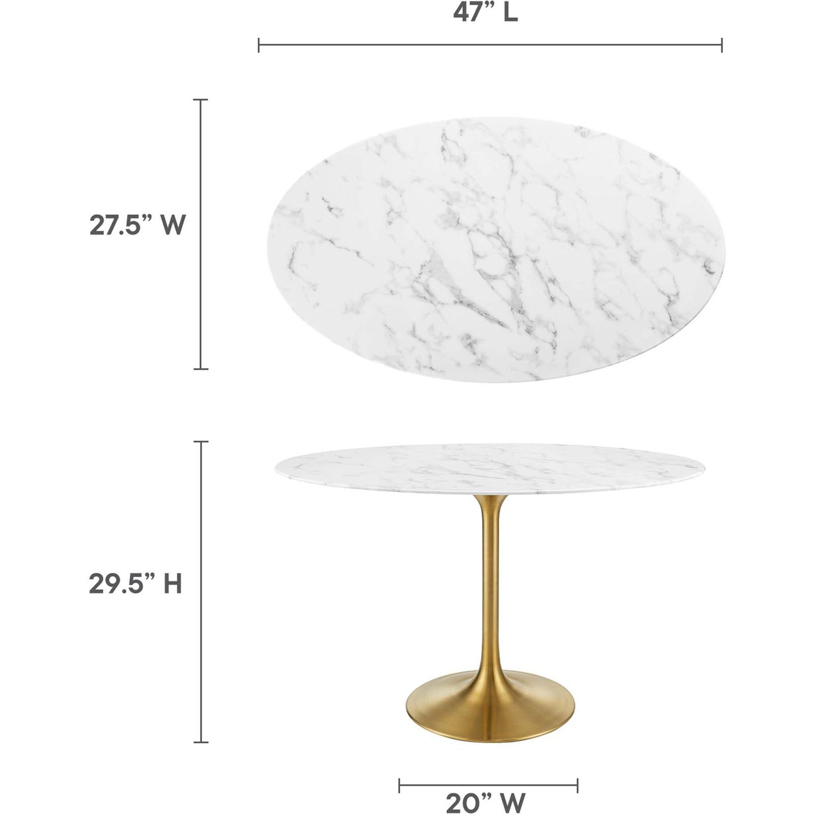 Dining table with labeled dimensions for length, width, height, and base width || EEI-3216-GLD-WHI || dimension_studio