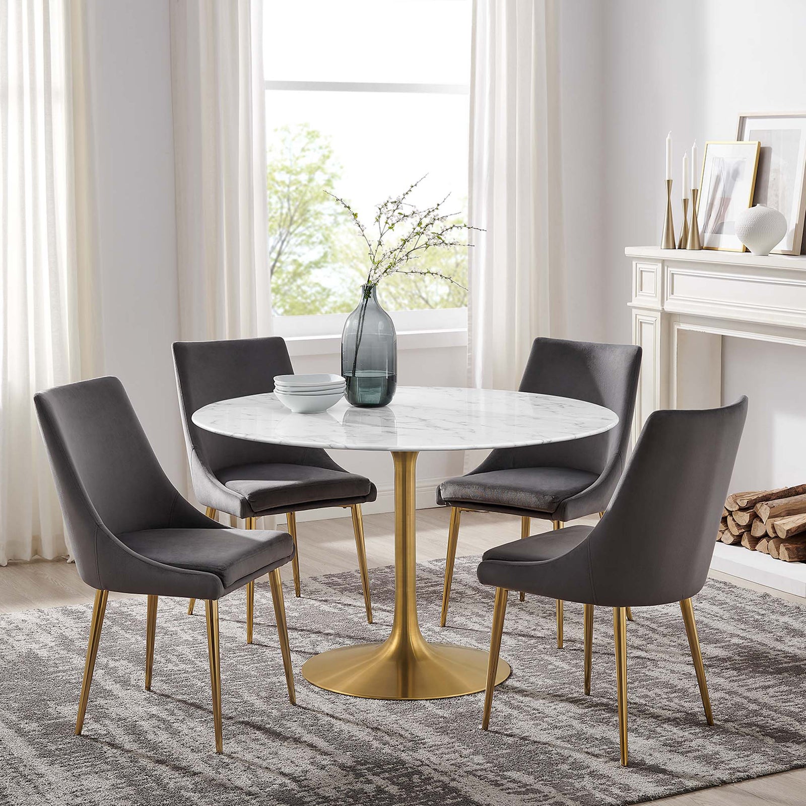 Lore Round Dining Table Gold/White Marble