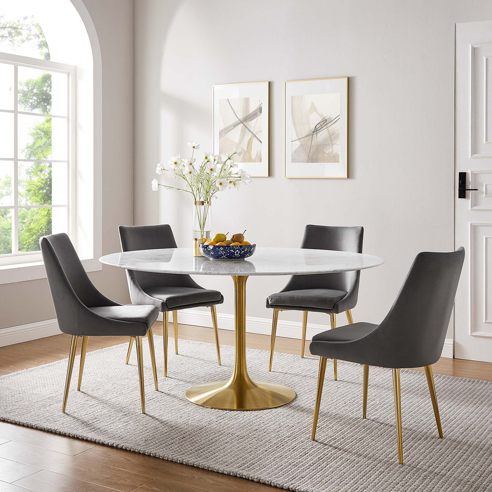 Lore Round Dining Table Gold/White Marble