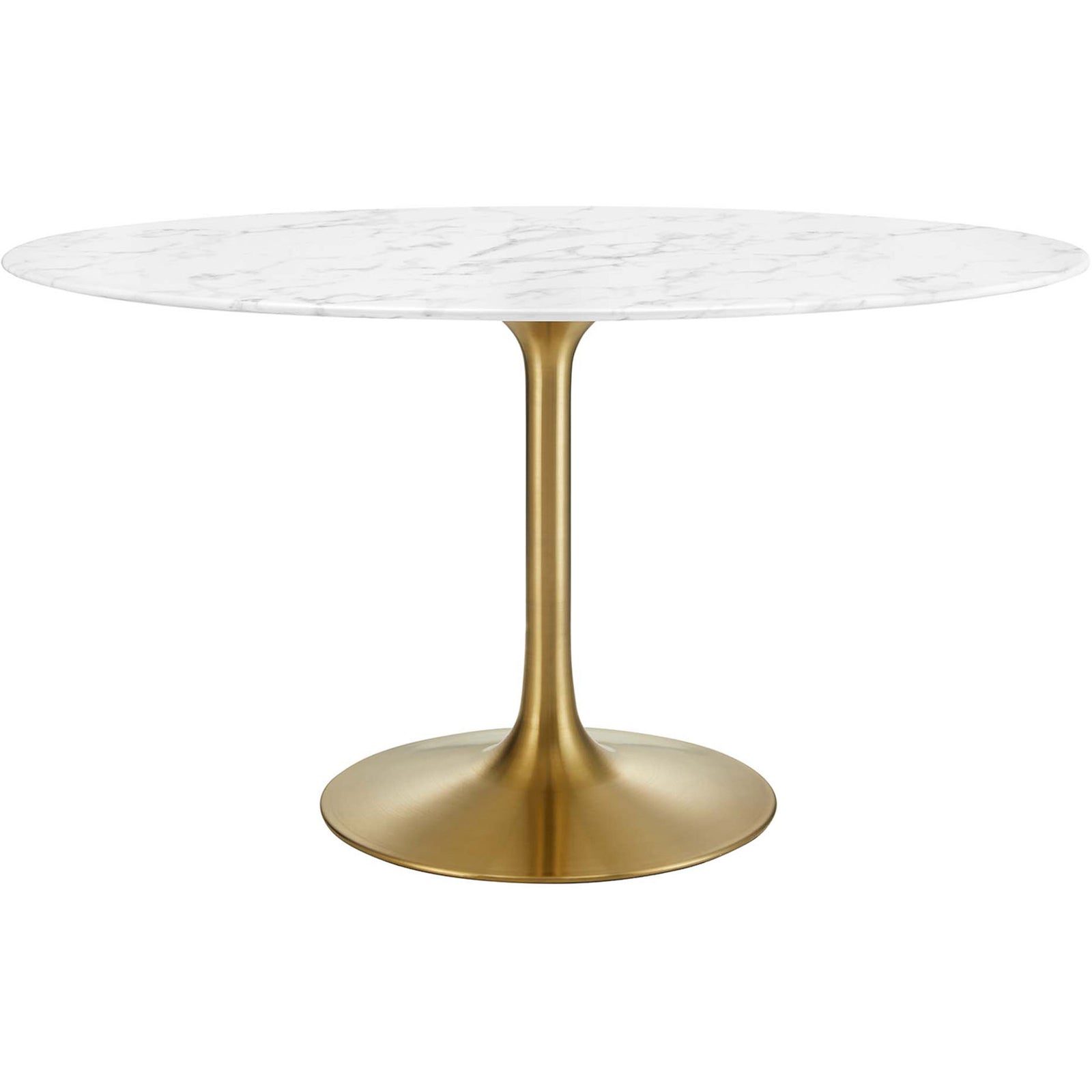 54 inch oval white faux marble dining table with tapered gold pedestal base || EEI-3235-GLD-WHI || front_studio