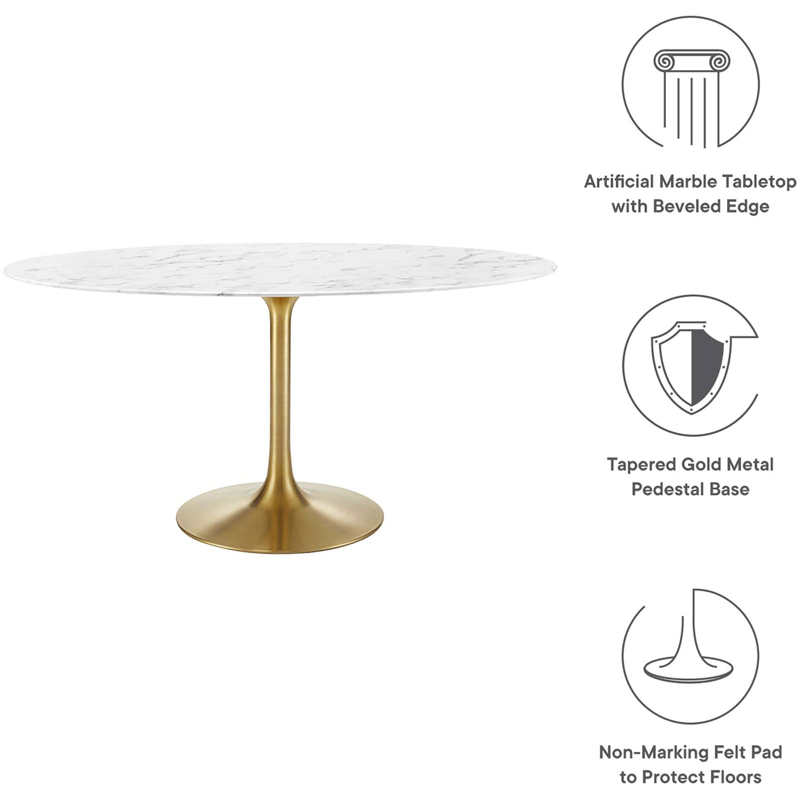 Oval faux marble dining table with beveled edge, gold pedestal base, and non marking felt pad || EEI-3236-GLD-WHI || callout_studio