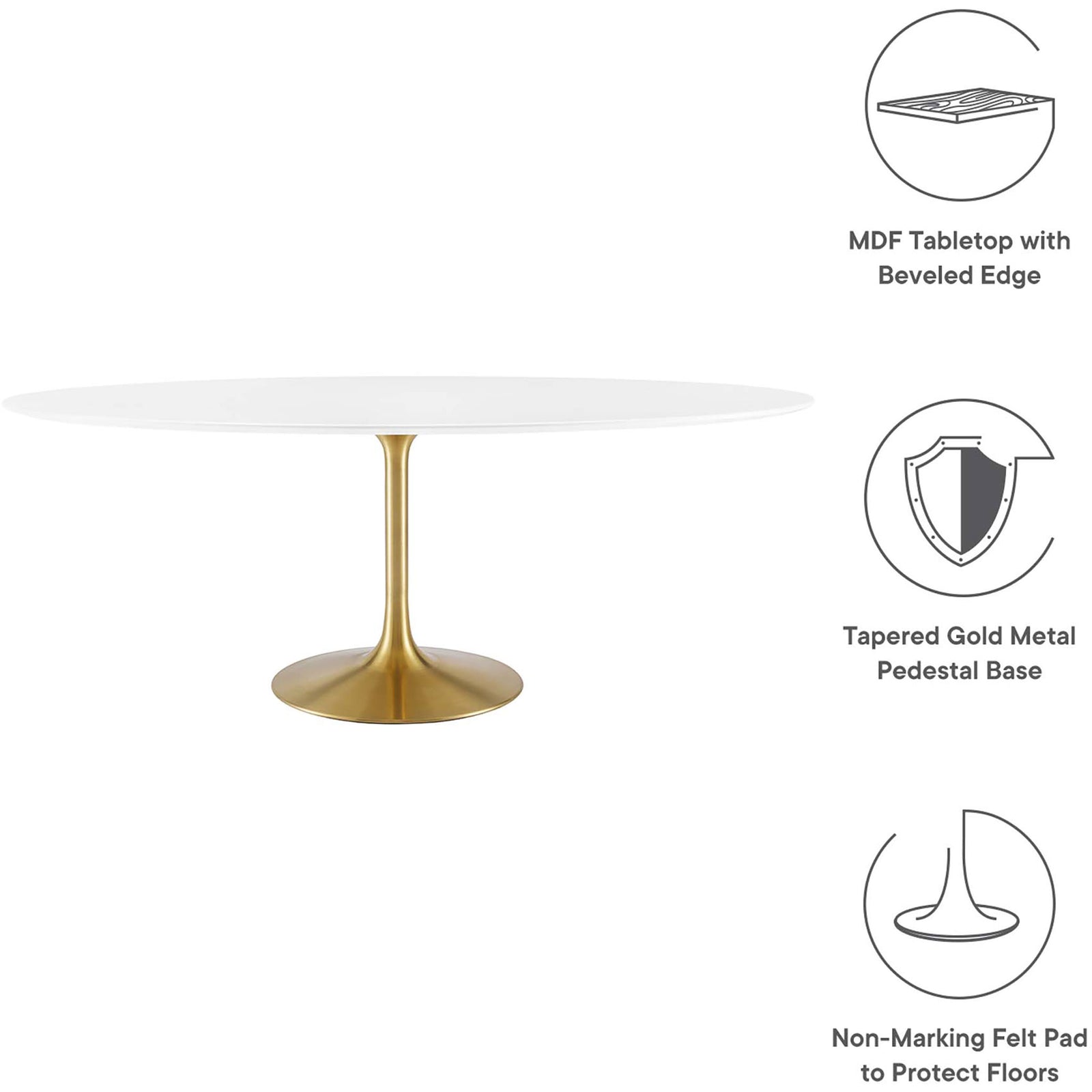 Feature graphic highlighting the beveled tabletop, tapered gold pedestal, and protective felt pad. || EEI-3255-GLD-WHI || callout_studio
