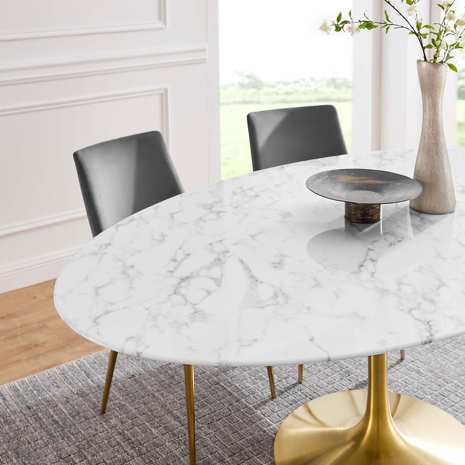 Faux marble tabletop styled with tall vase and decor pieces to showcase the refined finish || EEI-3257-GLD-WHI || detail_room