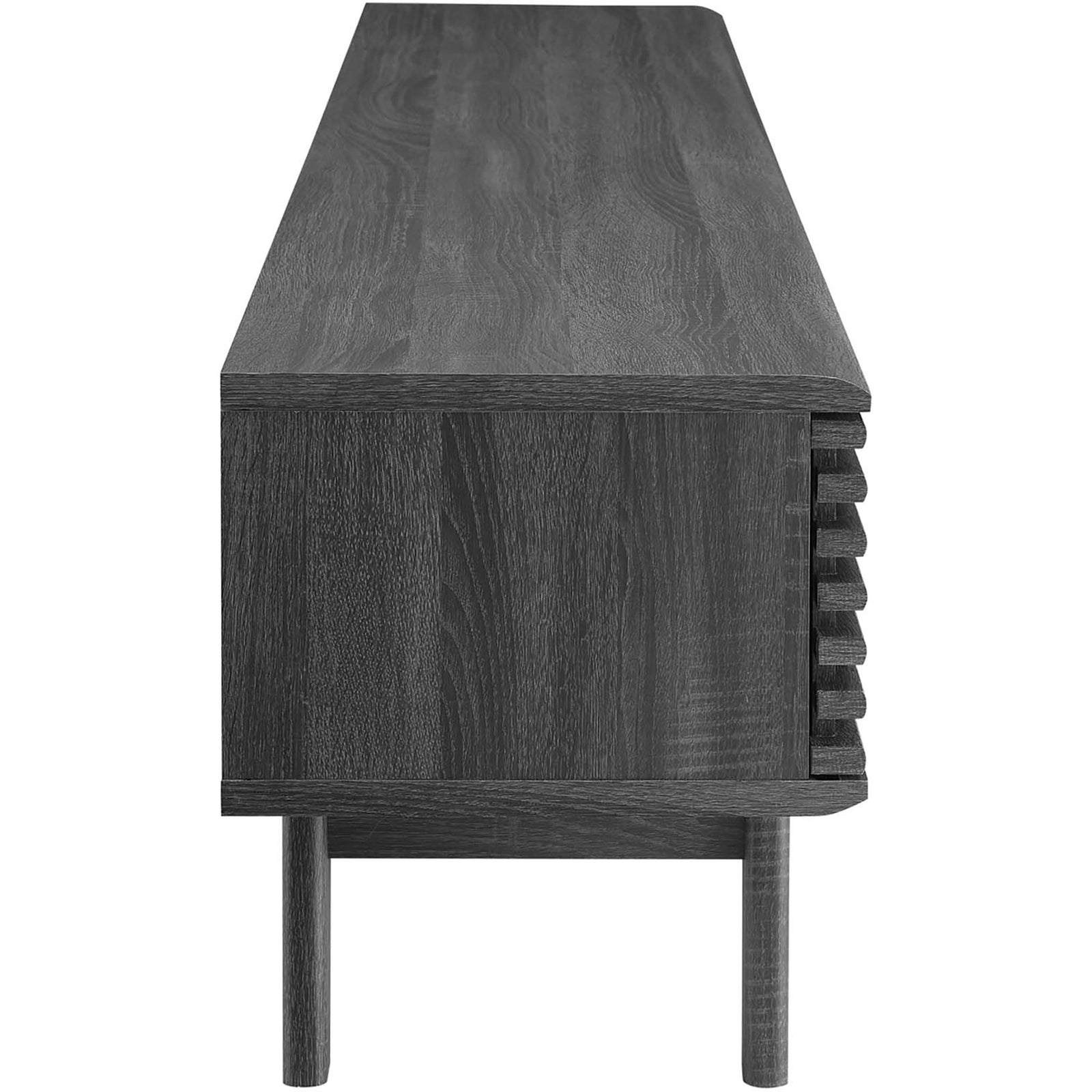 Slim charcoal media console highlighting narrow depth, continuous wood grain, and elevated legs || EEI-3303-CHA || side_studio