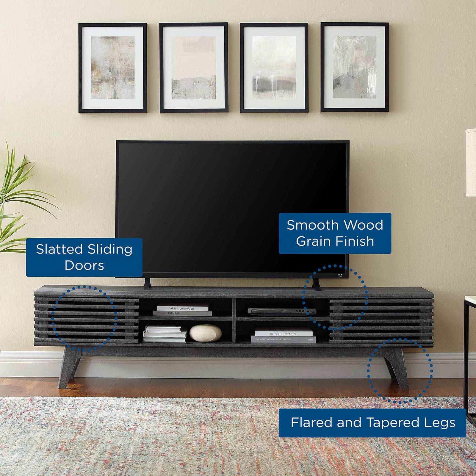 Charcoal Render TV stand in a living room with callouts highlighting slatted doors, wood grain finish, and tapered legs || EEI-3303-CHA || callout_room