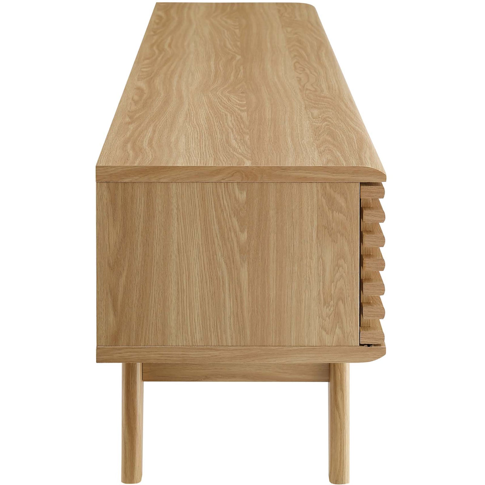 Slim oak entertainment console showcasing narrow profile, continuous wood grain, and elevated leg base || EEI-3303-OAK || side_studio