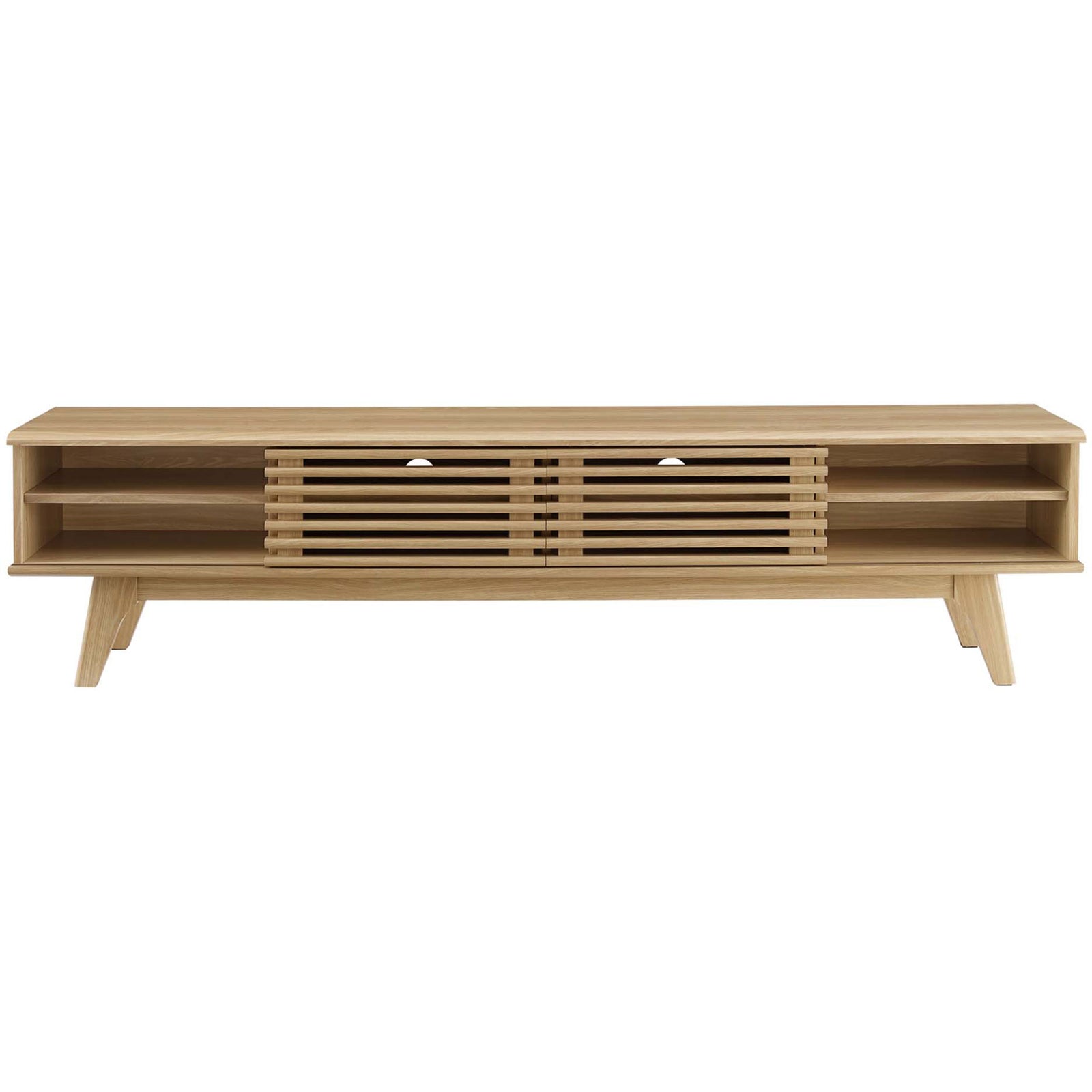 Oak TV stand with slatted sliding doors closed across the middle and open side cubbies for display storage || EEI-3303-OAK || front_studio