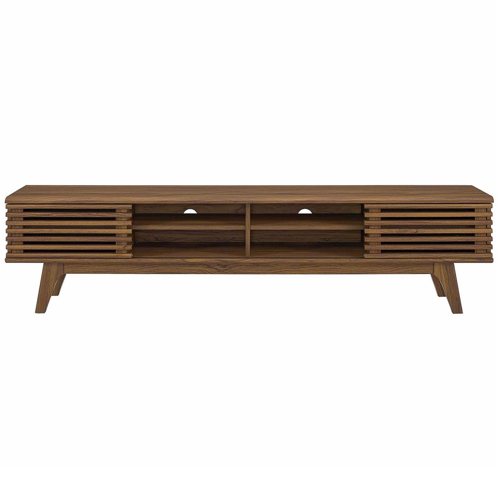 Walnut media console with slatted doors flanking open center shelves and twin cable management cutouts || EEI-3303-WAL-WAL || front_studio