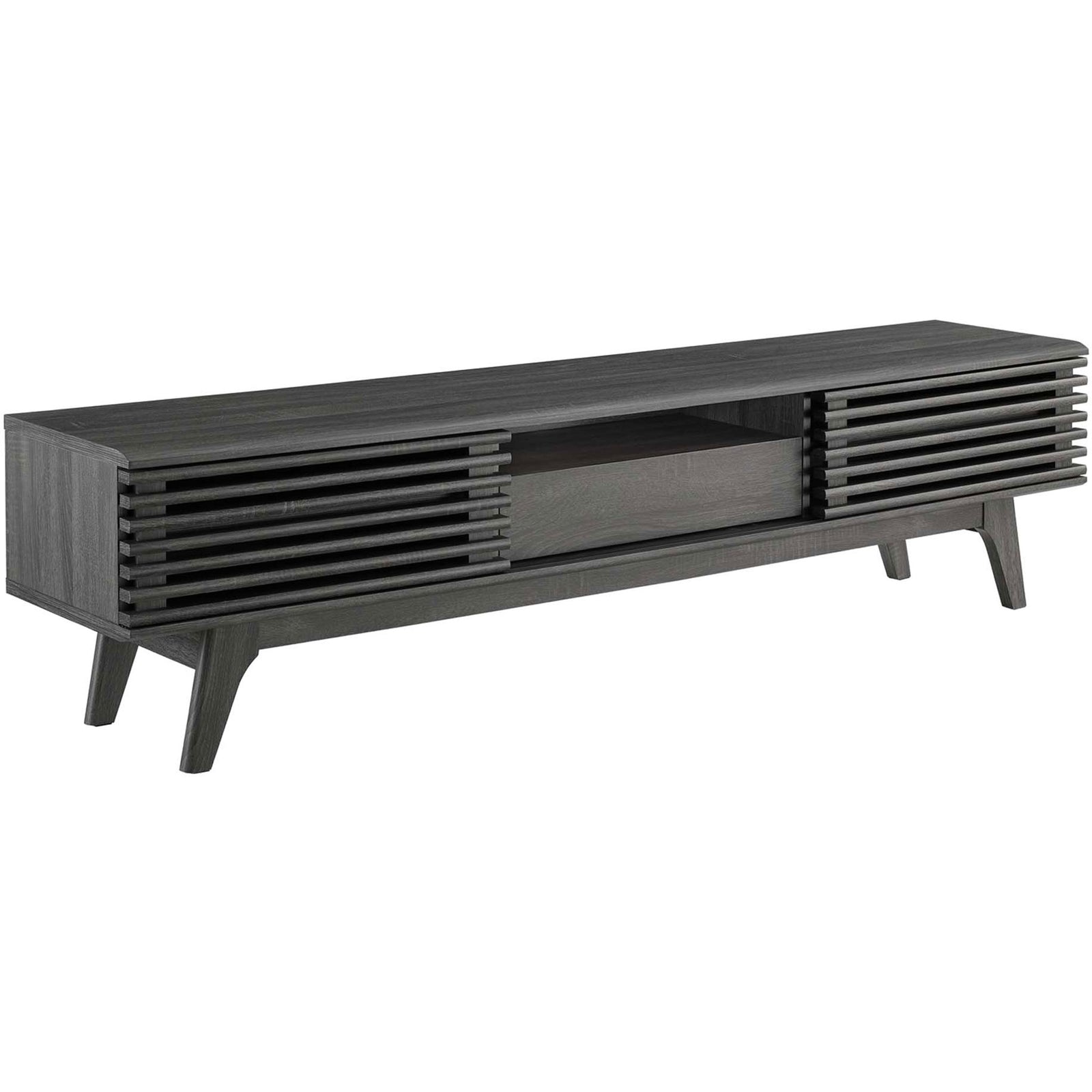 Long charcoal TV stand showcasing low profile silhouette and rich wood grain texture || EEI-3305-CHA || front_angle_studio