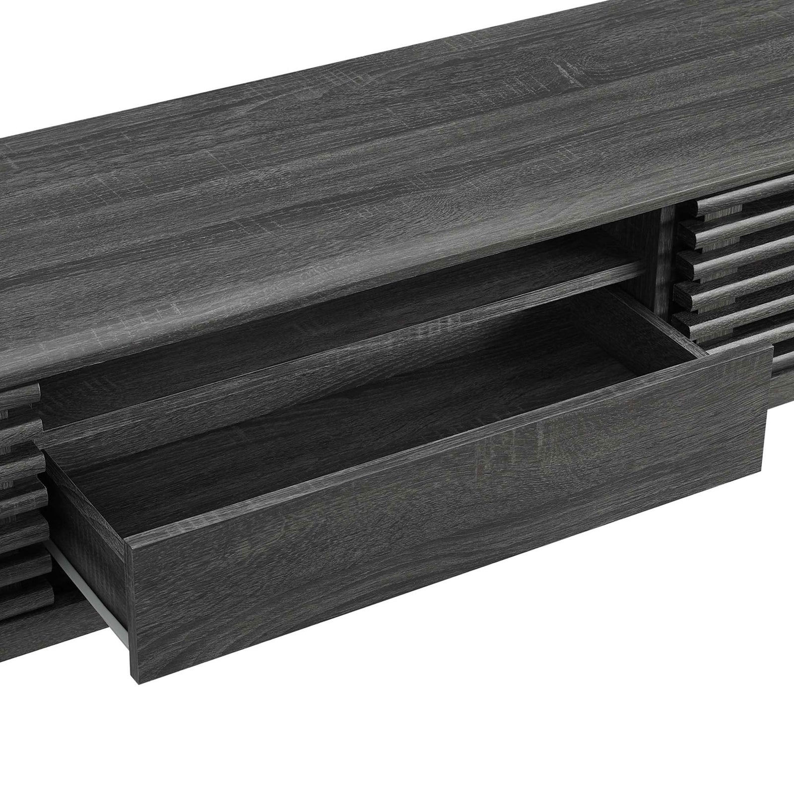 Open center drawer and shelf of charcoal TV stand showing smooth-glide storage space || EEI-3305-CHA || storage_open_studio