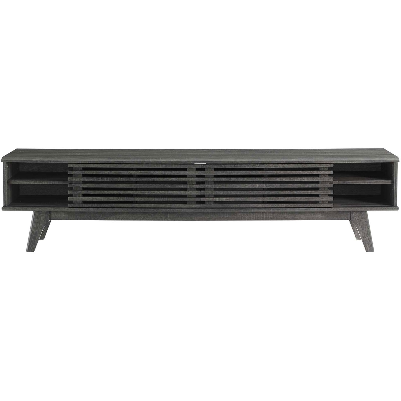Charcoal media console with slatted doors pulled back to reveal adjustable open storage shelves || EEI-3305-CHA || front_open_studio