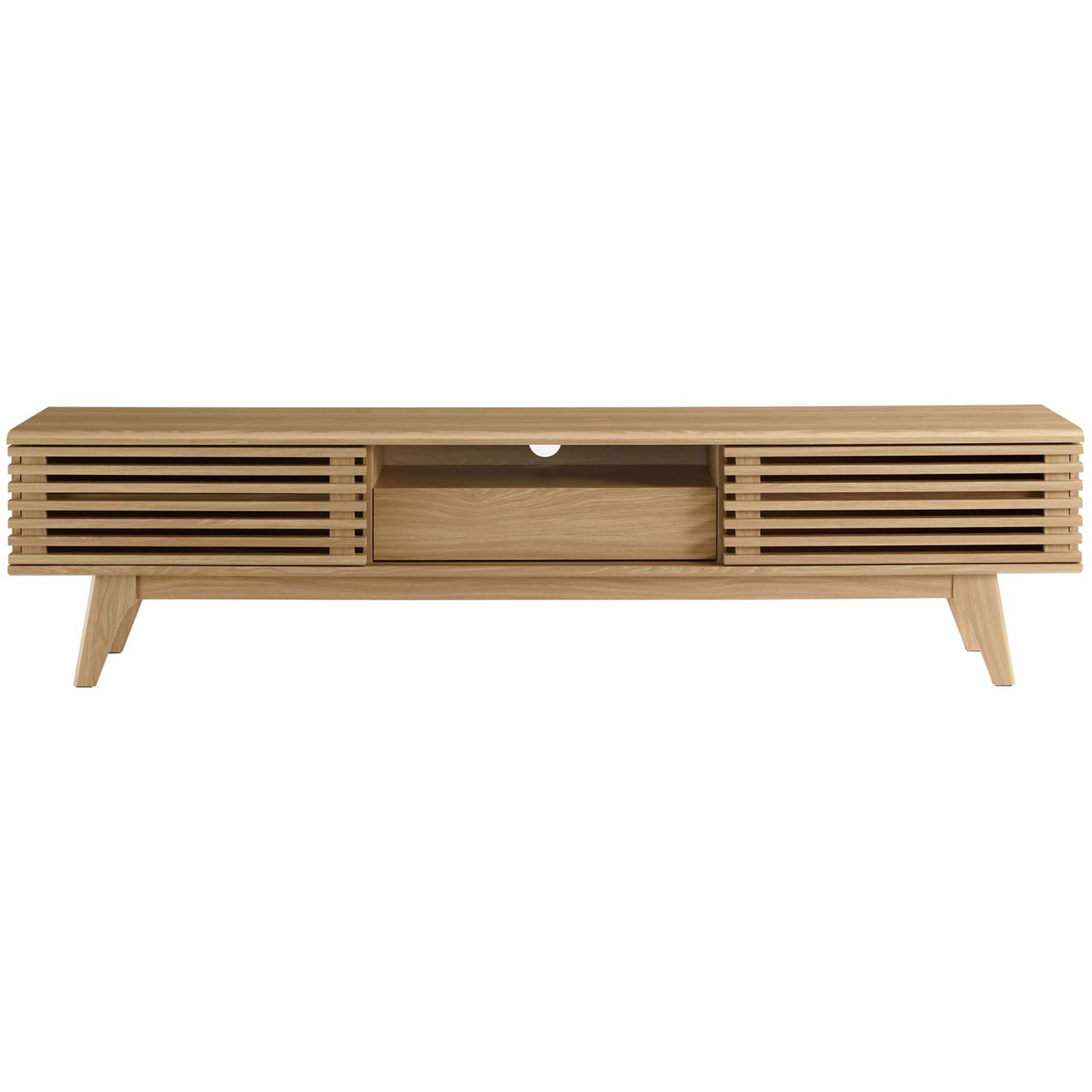 Oak 70" TV stand with slatted sliding doors, center drawer, and tapered mid-century legs || EEI-3305-OAK || front_studio