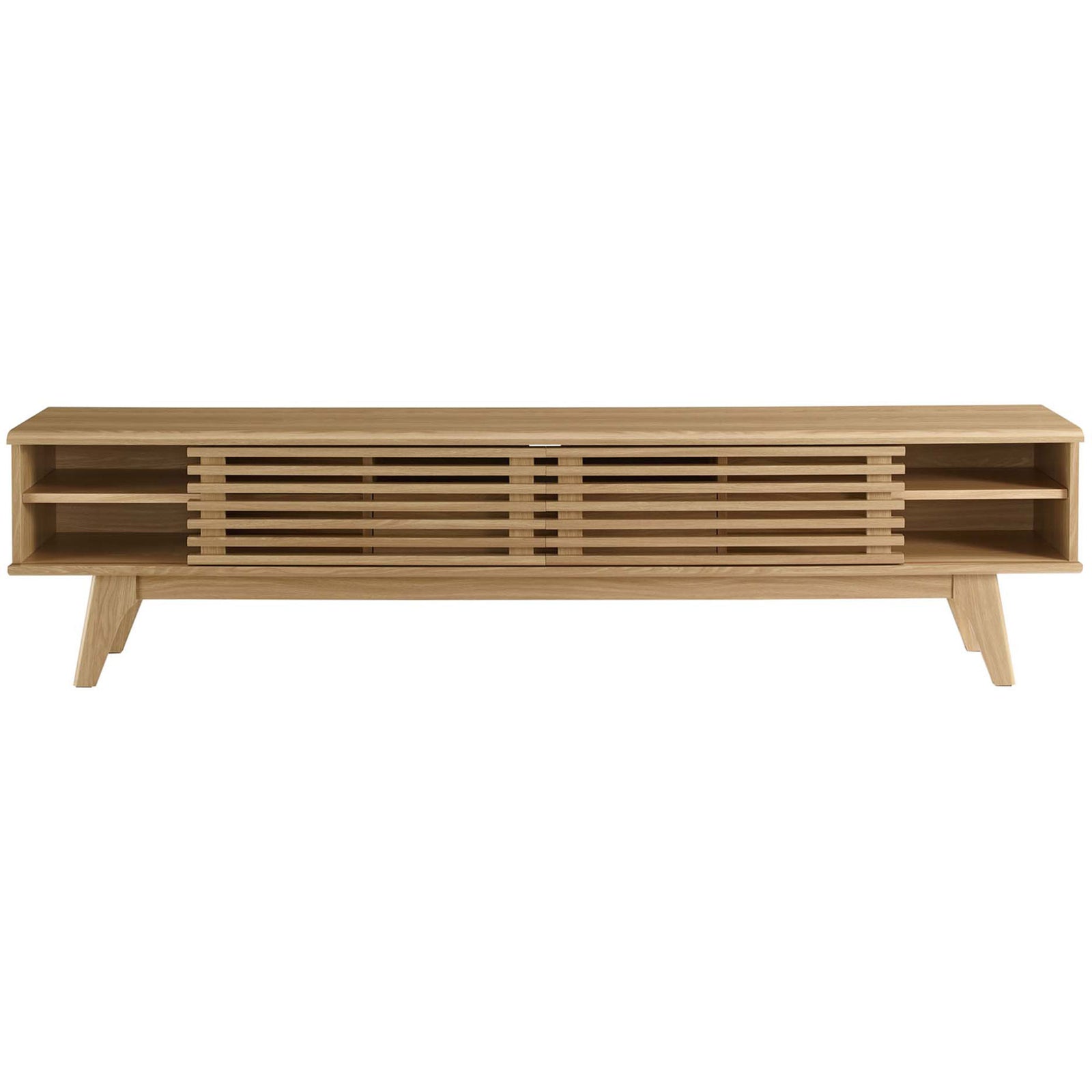 Oak media console with slatted doors moved aside to reveal roomy adjustable storage shelves || EEI-3305-OAK || front_open_studio