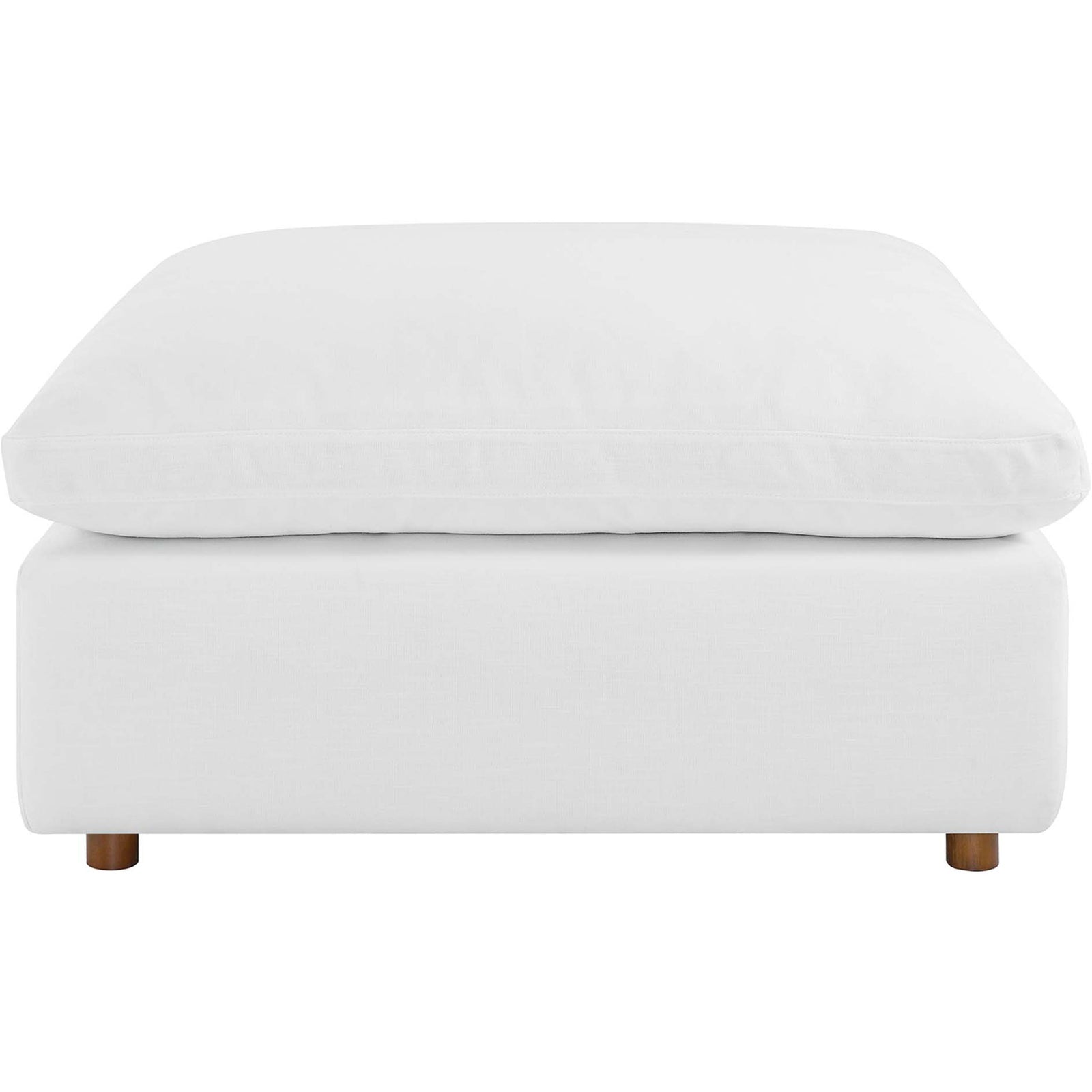 Commix pure white ottoman with oversized down-filled cushion resting on subtle round wood feet || EEI-3318-PUW || front_studio