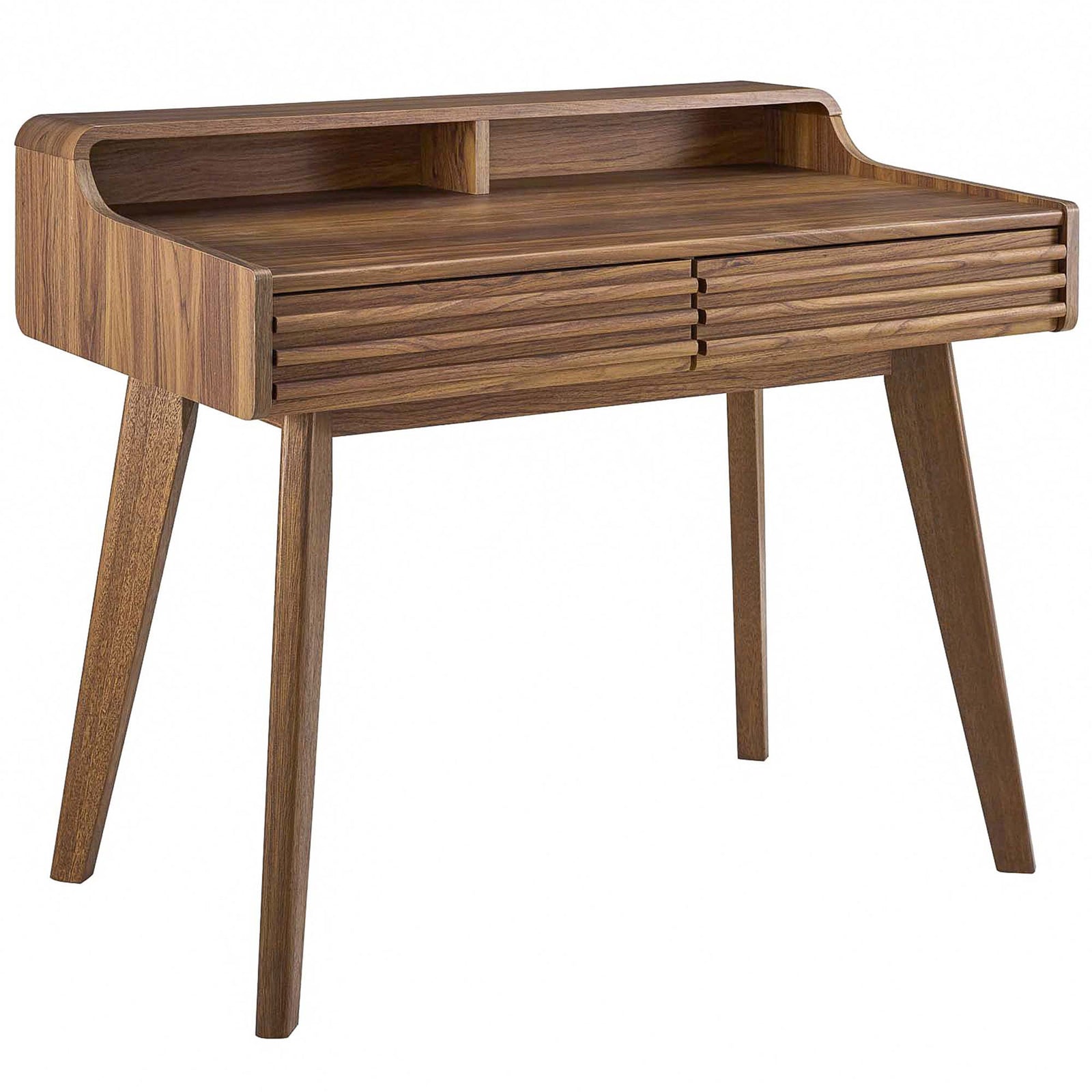 Sleek walnut desk with two full-extension drawers and a split top shelf for quick-access storage. || EEI-3342-WAL || front_angle_studio