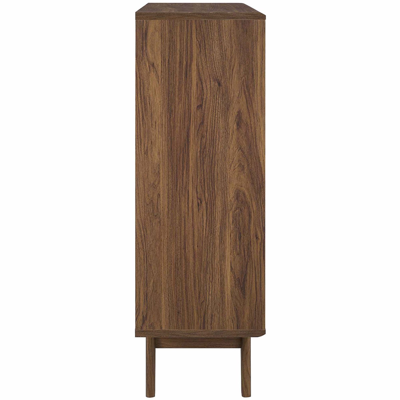 Slim walnut cabinet side with matching wood grain finish and splayed mid-century legs || EEI-3343-WAL || side_open_studio
