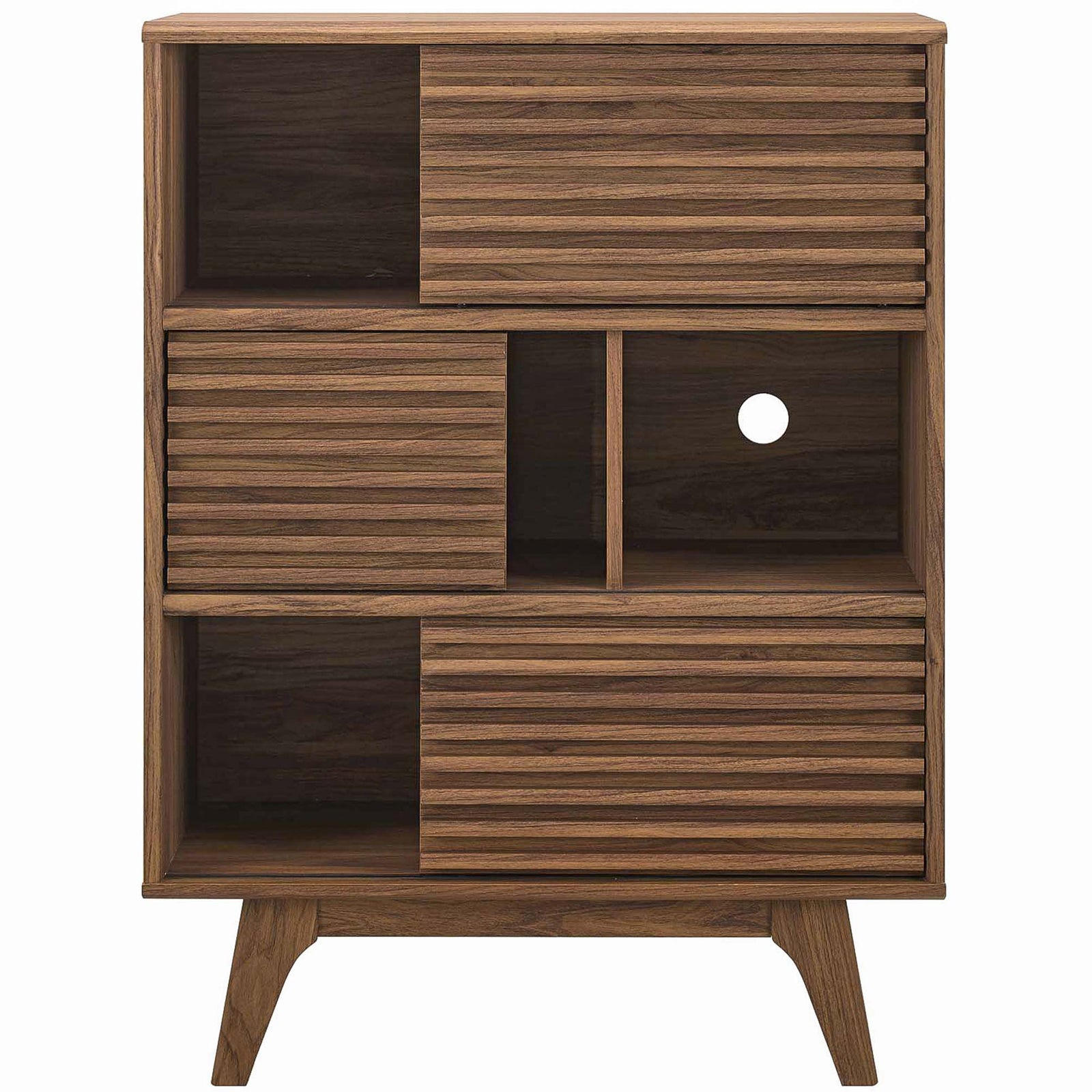 Walnut display cabinet showing varied open and concealed storage with slatted sliding doors and cable cutout || EEI-3343-WAL || front_open_studio