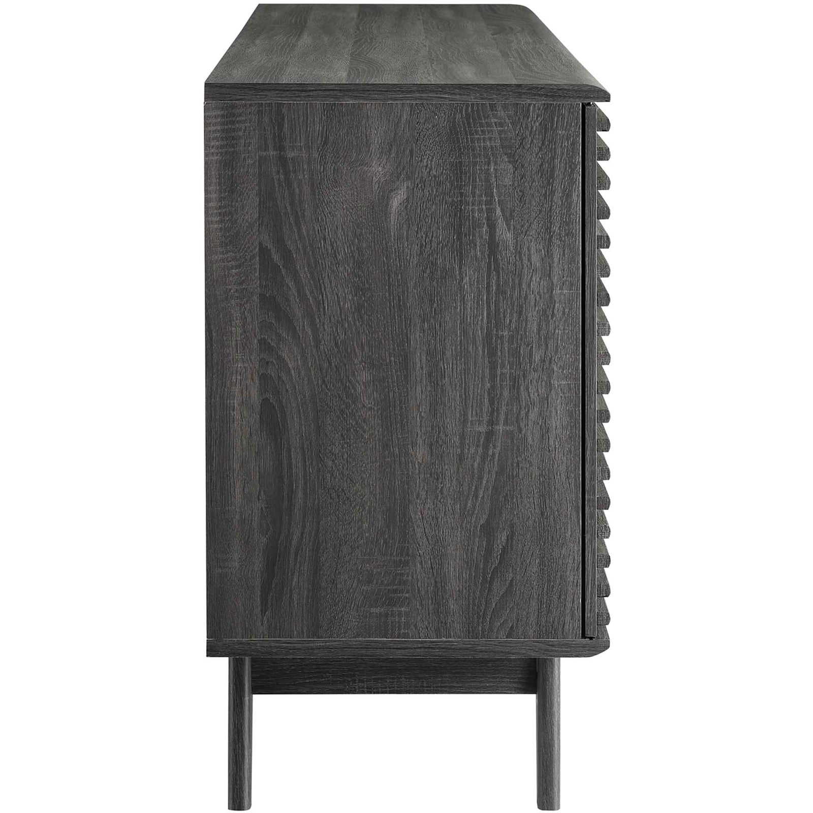 Smooth charcoal wood grain wraps around the buffet with a sleek continuous panel design || EEI-3344-CHA || side_studio