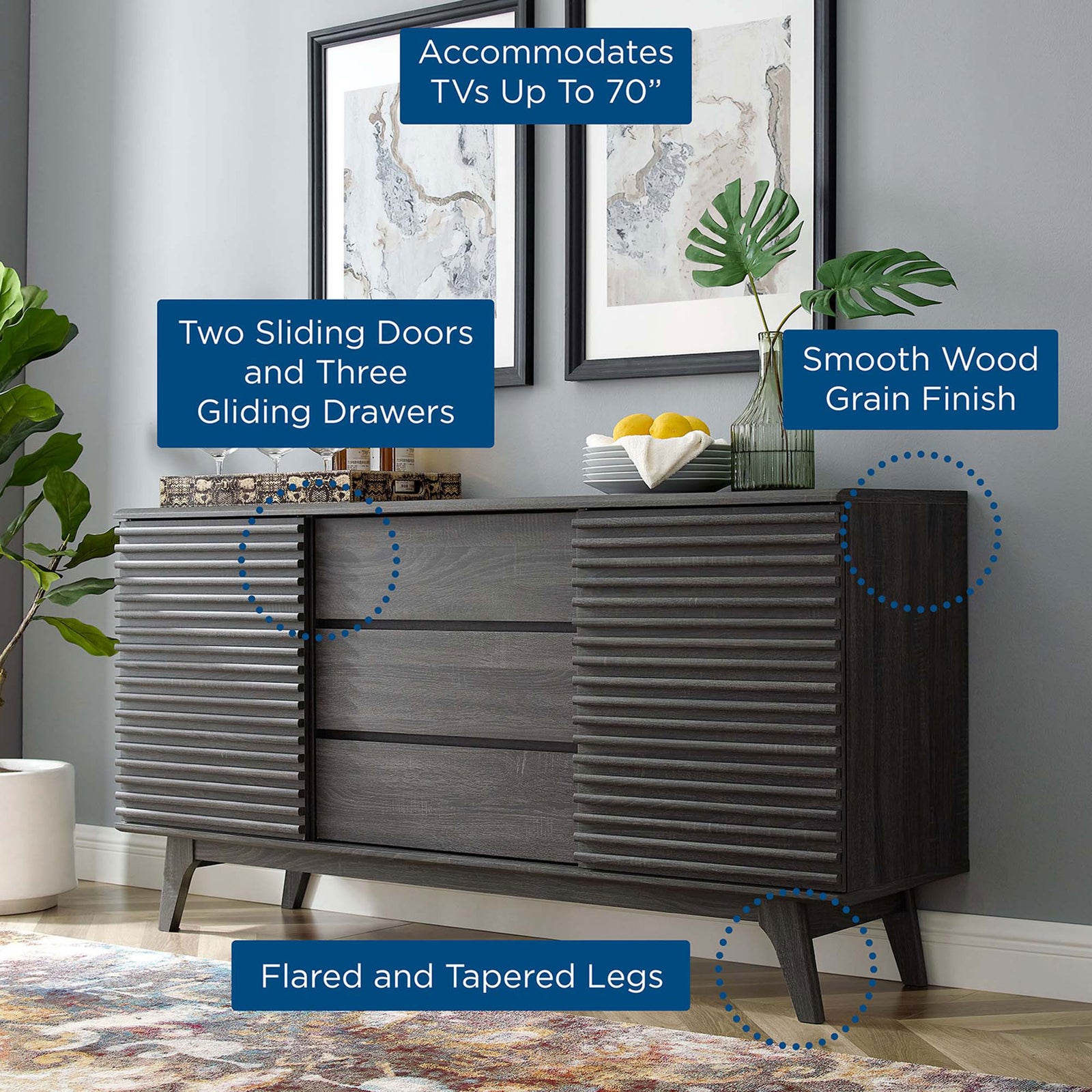 Feature callouts highlight the charcoal sideboard's TV capacity, sliding doors, drawers, and tapered legs || EEI-3344-CHA || callout_room