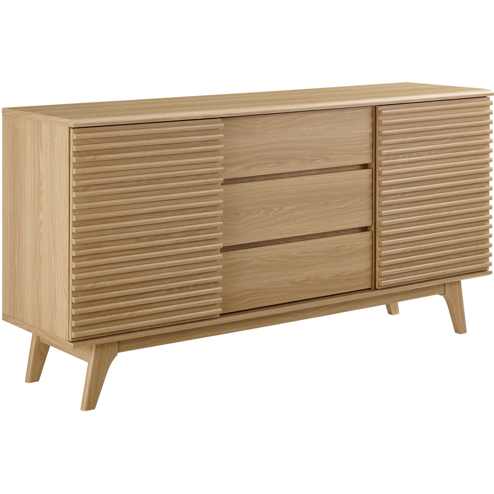 Oak Render sideboard brings warm wood grain, ribbed doors, and mid-century splayed legs || EEI-3344-OAK || front_angle_studio