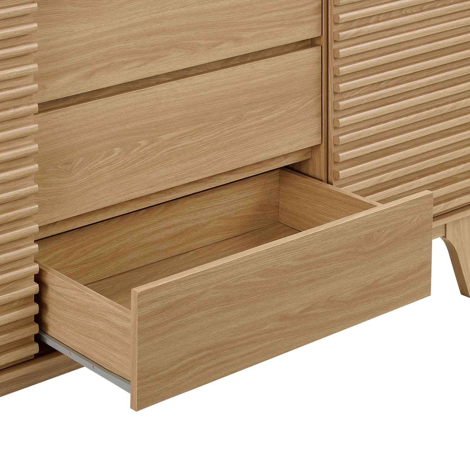 Center drawer opens on smooth glides to store plates, linens, or dining room essentials || EEI-3344-OAK || storage_open_studio