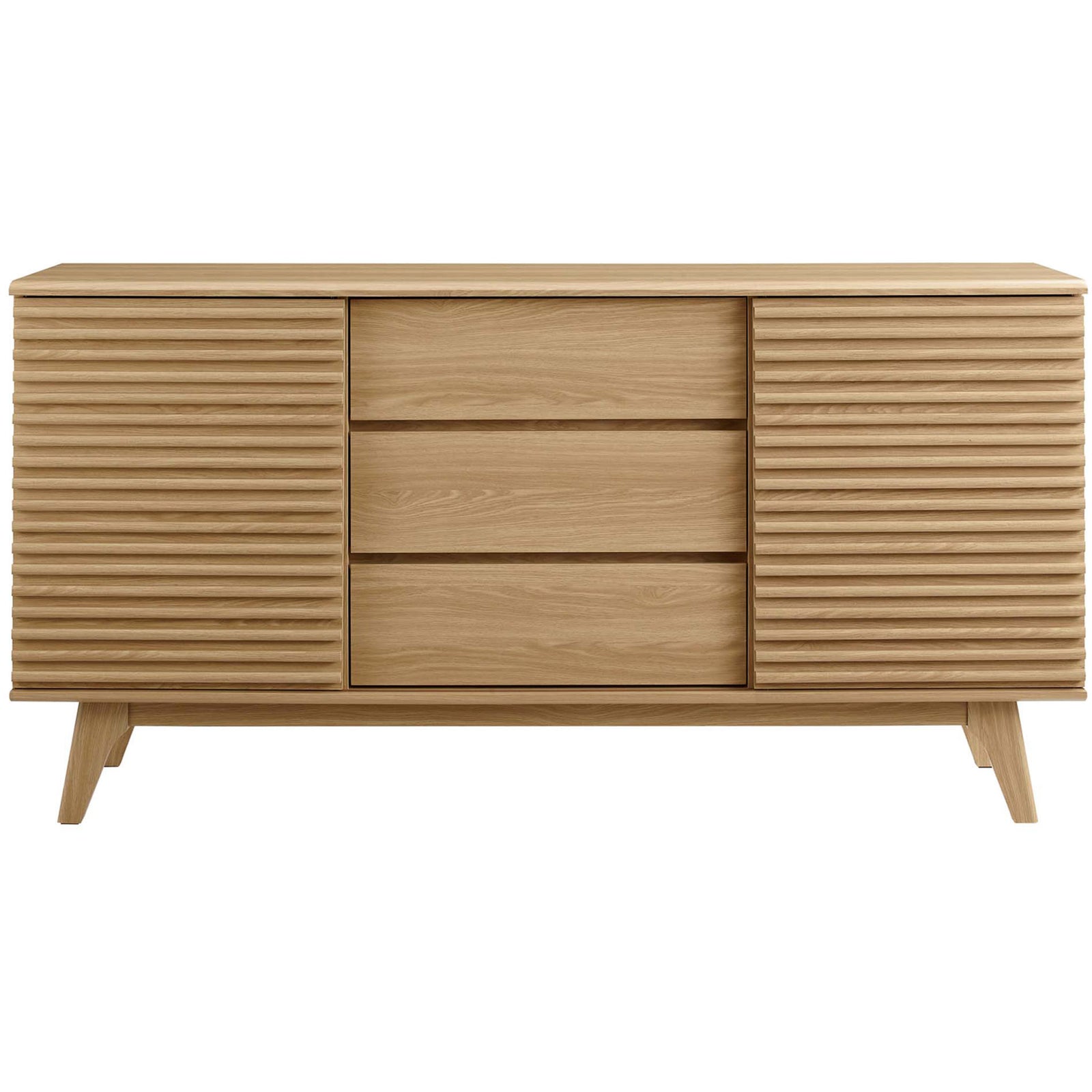 Oak sideboard buffet with louvered sliding doors and three smooth front storage drawers || EEI-3344-OAK || front_studio