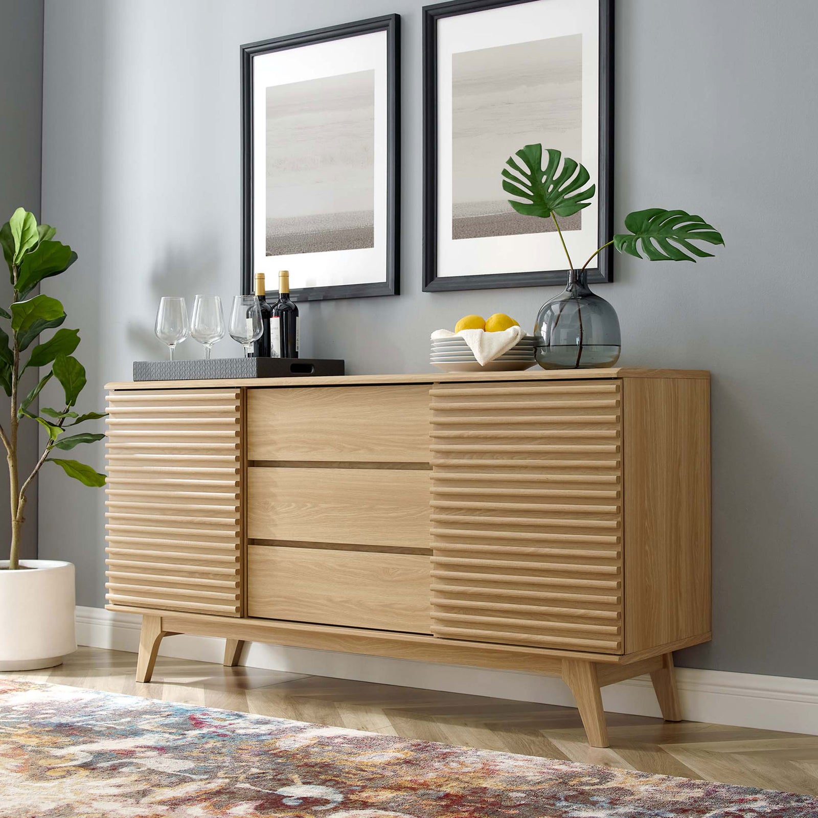 Oak sideboard styled for everyday living, ideal as a buffet, bar cabinet, or TV console || EEI-3344-OAK || front_angle_room