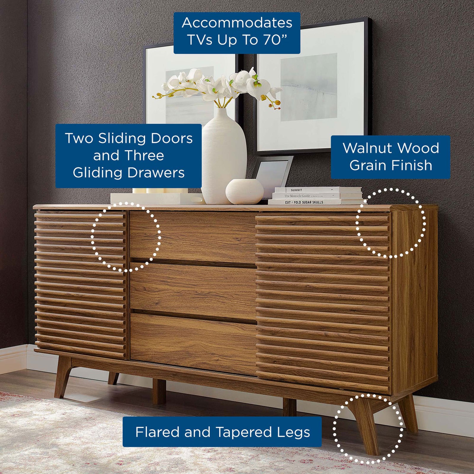 Informational graphic highlights walnut sideboard features like TV capacity, storage, and legs || EEI-3344-WAL || callout_room