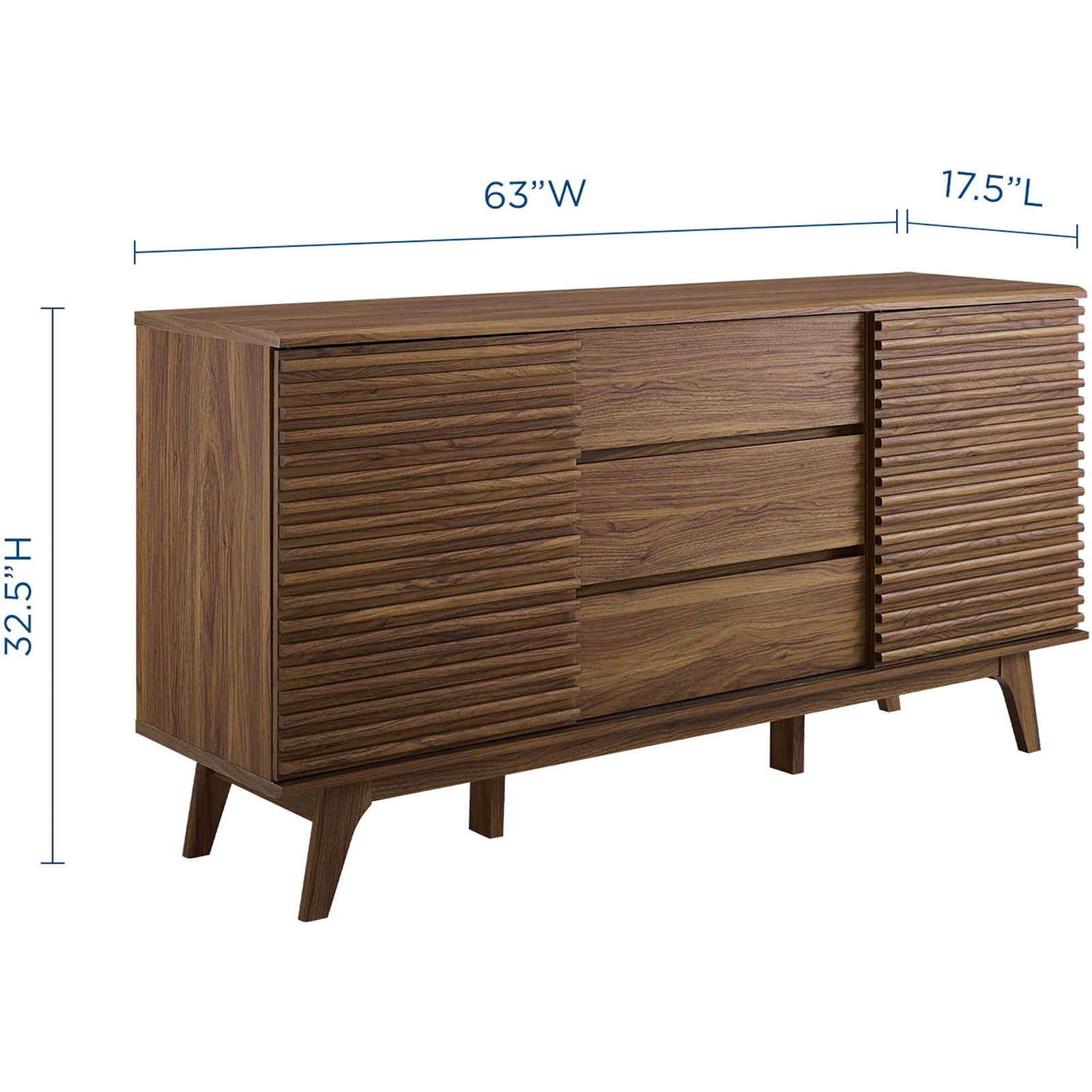 Dimension diagram showing walnut sideboard measurements for width, depth, and height || EEI-3344-WAL || dimension_studio